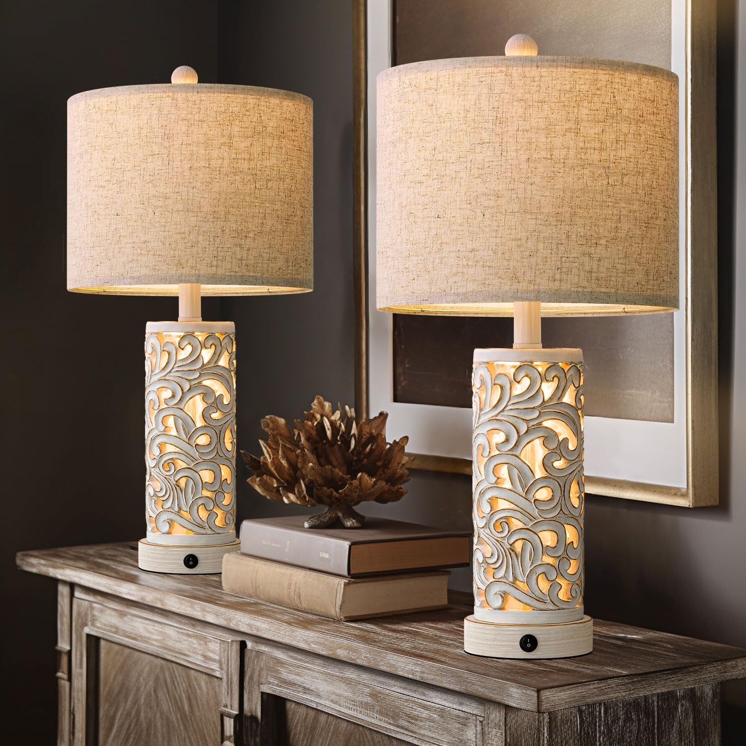 Oyears 22'' Table Lamp Set of 2 for Living Room, Farmhouse Lamp for for Bedroom, Vintage Retro Bedside Lamps with USB Ports Linen Shade for H…