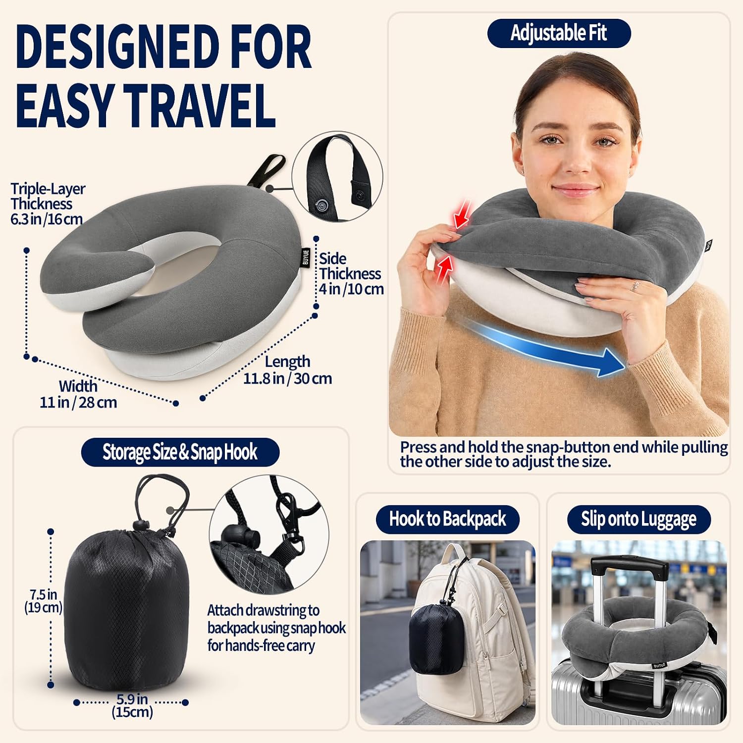 BUYUE Travel Neck Pillows for Airplanes, Memory Foam 360° Head Support Sleep for Long Flight, Skin-Friendly & Breathable, Kit with Eye…