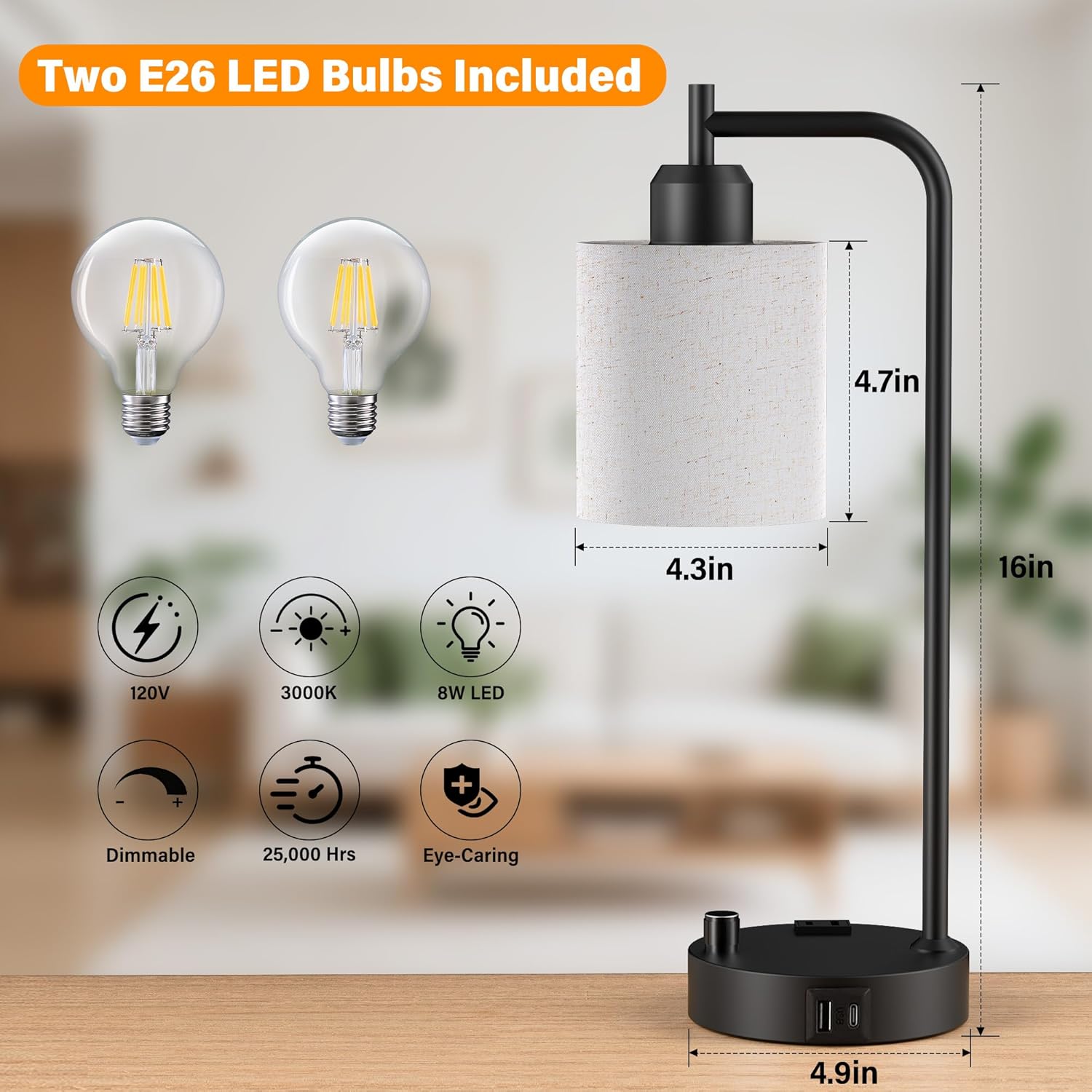 SIBRILLE Industrial Table Lamps with Linen Shade, Set of 2 Fully Dimmable Bedside Lamps with USB A+C Ports and Outlet, Black Nightstand…