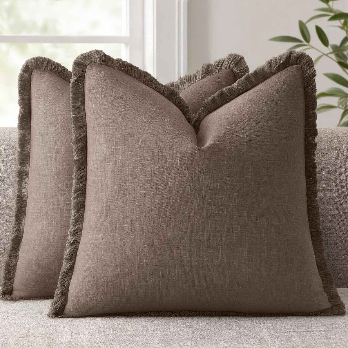 Anroduo Set of 2 Decorative Throw Pillow Covers 26×26 Inch Soft Linen Fringe Farmhouse Boho Vintage Cushion Covers with Tassels Accent Pill…