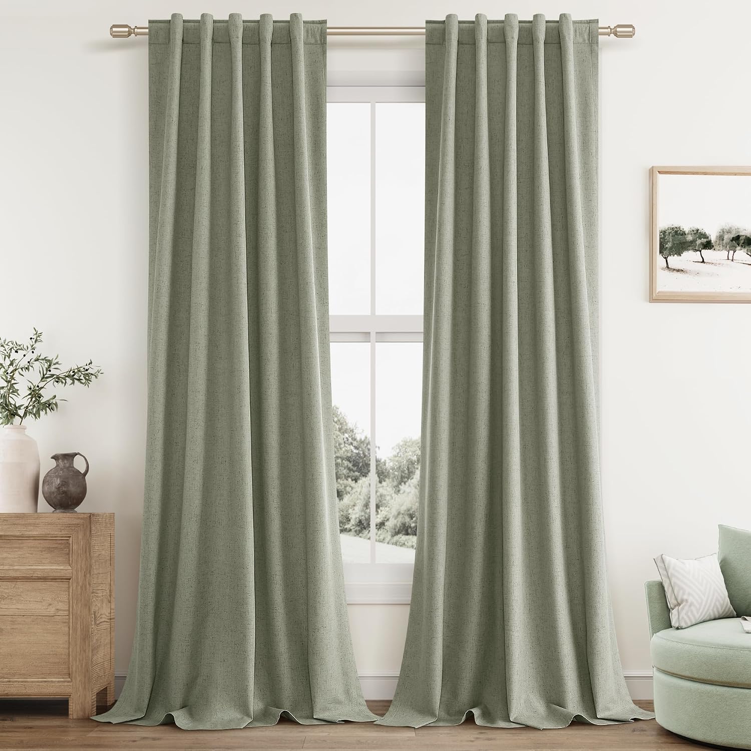 Guken Sage Green 100% Blackout Curtains 84 Inch Length 2 Panels Set for Living Room Bedroom Back Tab Thermal Insulated Black Out Linen Drap…
