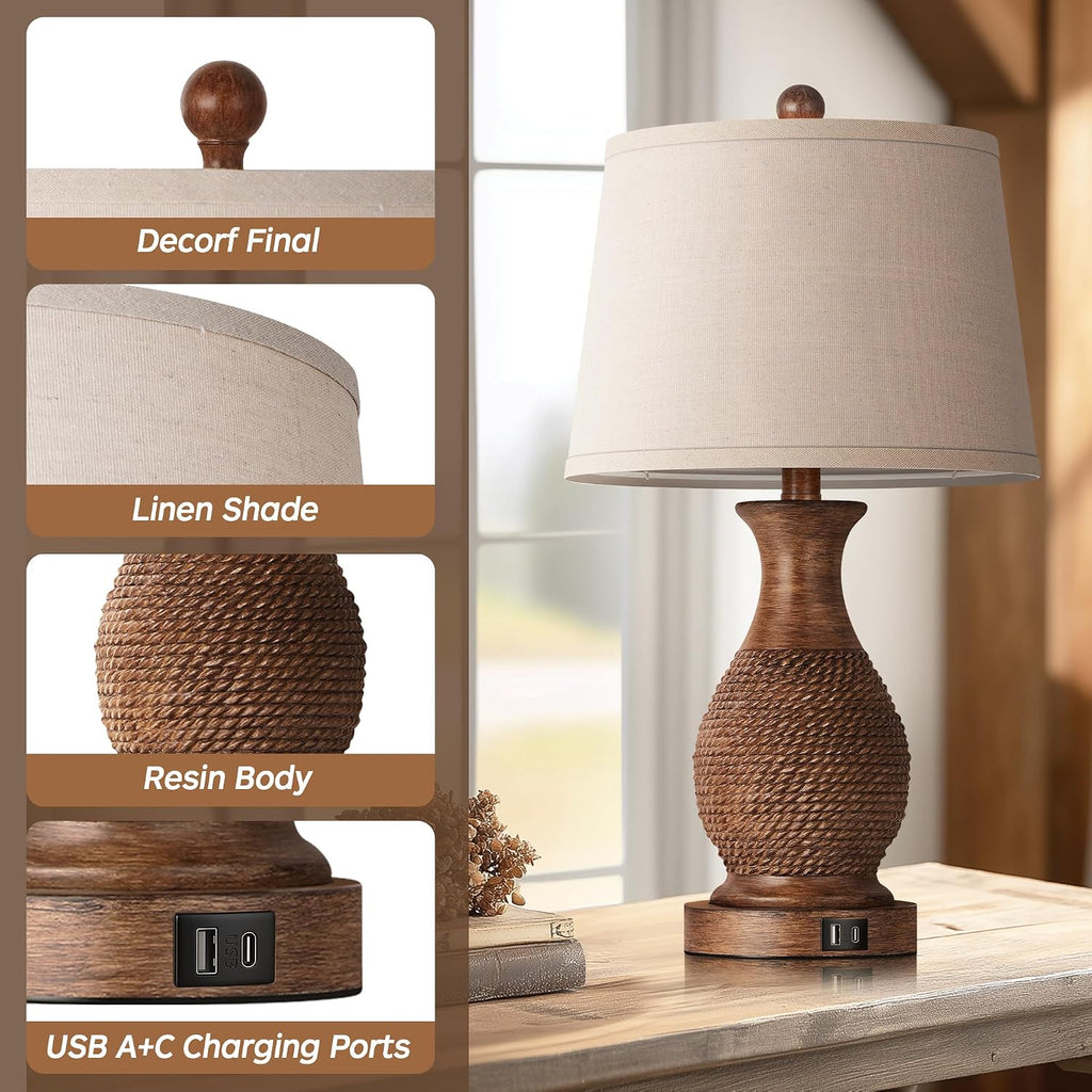 PARTPHONER Table Lamps Set of 2, Bedside Touch Lamp with USB C+A Charging Ports, Side Table Lamp with Linen Fabric Shade (LED Bulbs…