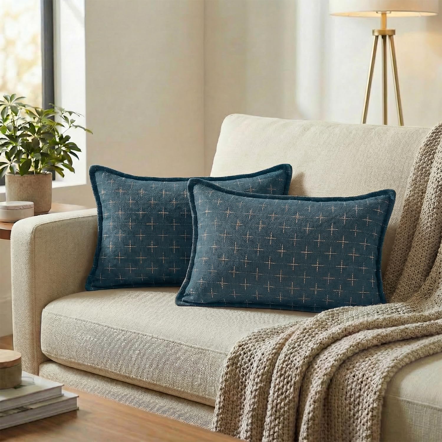AVOINcolorlife AVOIN colorlife Pack of 2 Decorative Throw Pillow Covers 20x12 Inch, Flange Edges Woven Textured Cushion Case Home Decor for…