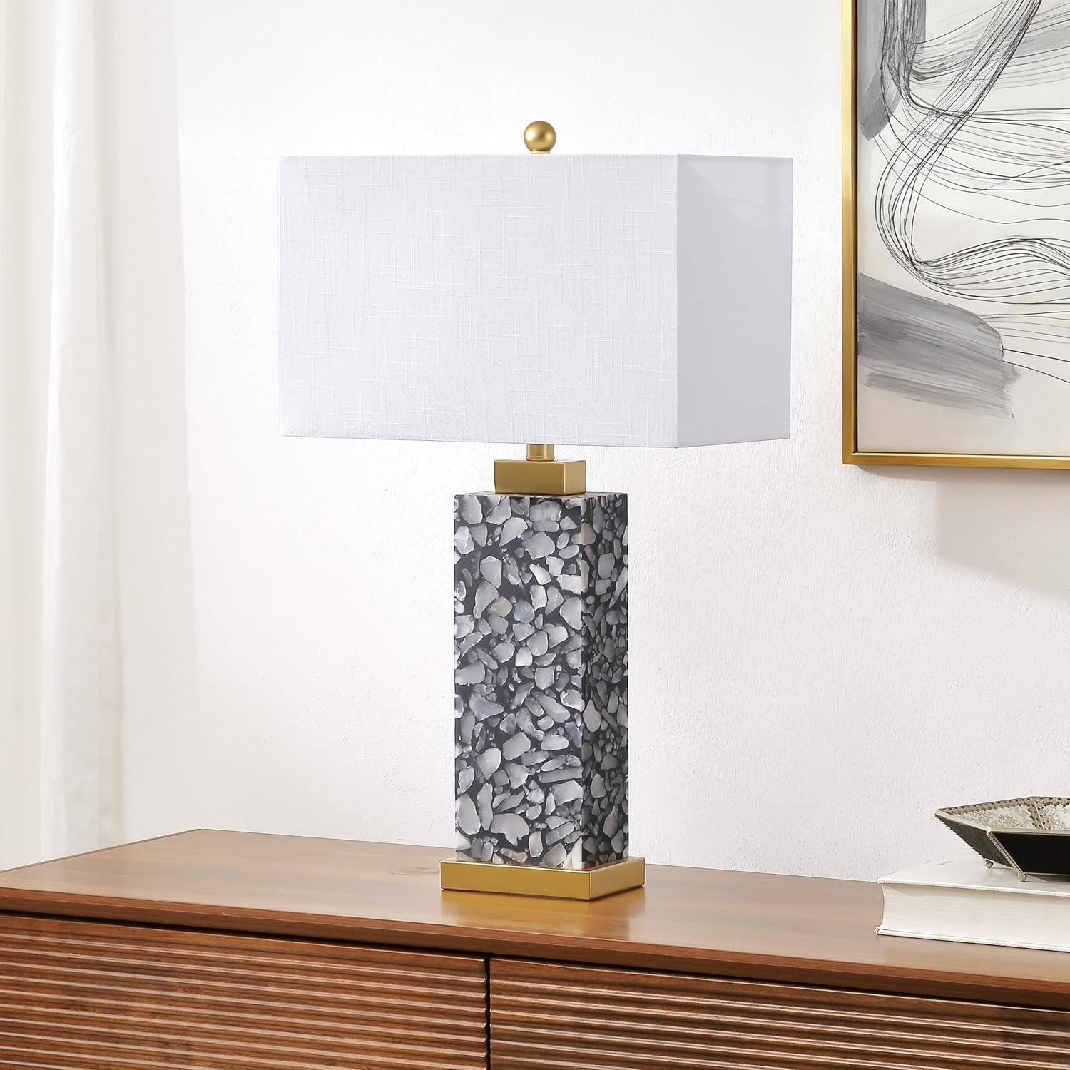 Jonathany JONATHAN Y 27.5" Black Alabaster Gold Rectangular Table Lamp with Night Light Contemporary Coastal Bedside Lamp for Bedroom with…