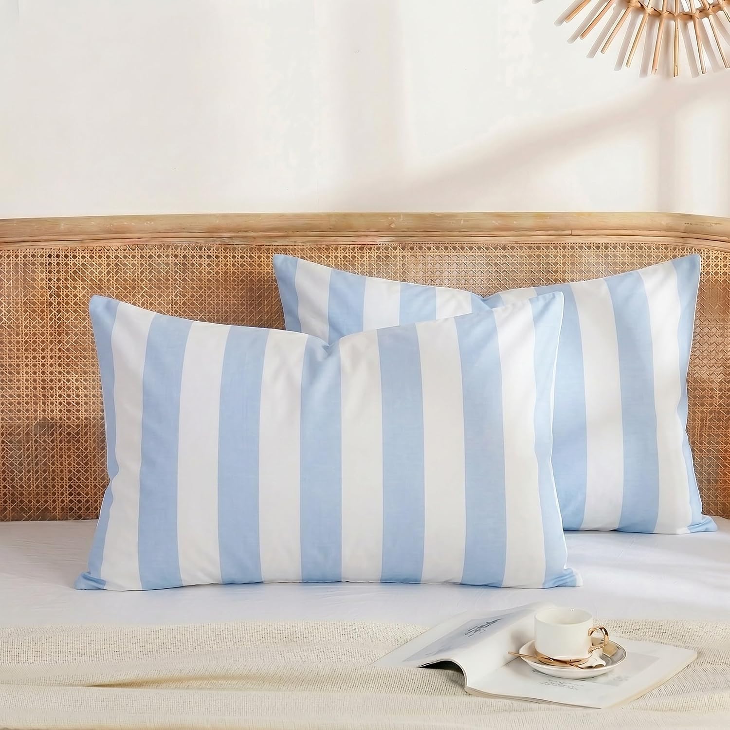Merryword Standard Size Pillowcases, 100% Cotton Pillow Cases, Blue and White Striped Pillowcases, Soft Breathable Wide Stripe Pillow Cover…