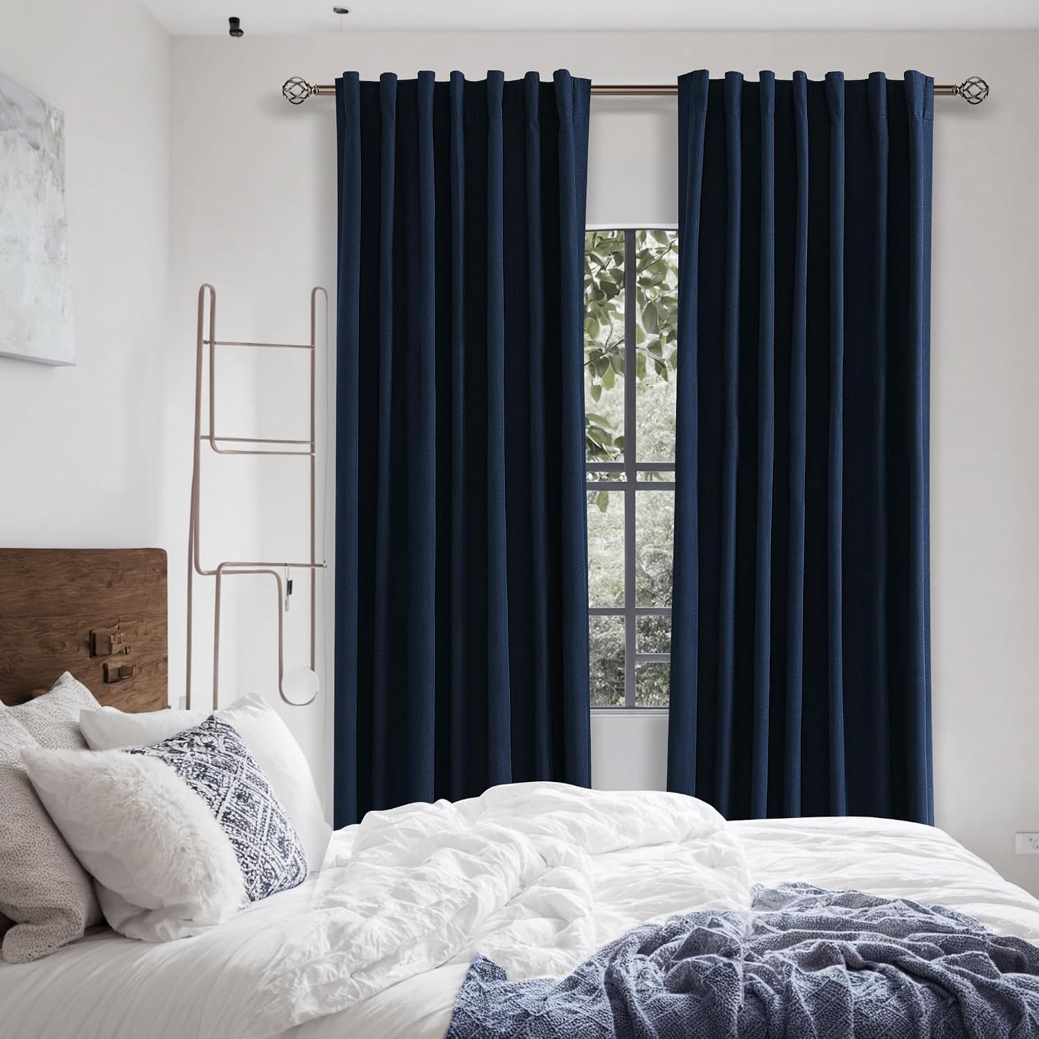 Guken Navy Blue 100% Blackout Curtains 84 Inch Length 2 Panels Set for Living Room Bedroom Back Tab Thermal Insulated Black Out Linen Drape…