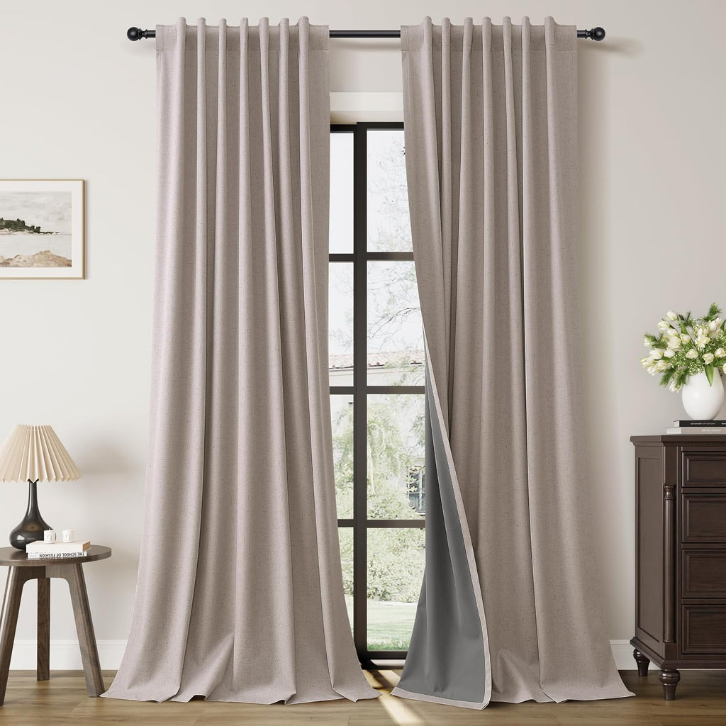 Guken Apricot Linen 100% Blackout Curtains for Bedroom 120 Inches Long 2 Panels Set Back Tab Elegant Textured Black Out Light Blocking Ther…