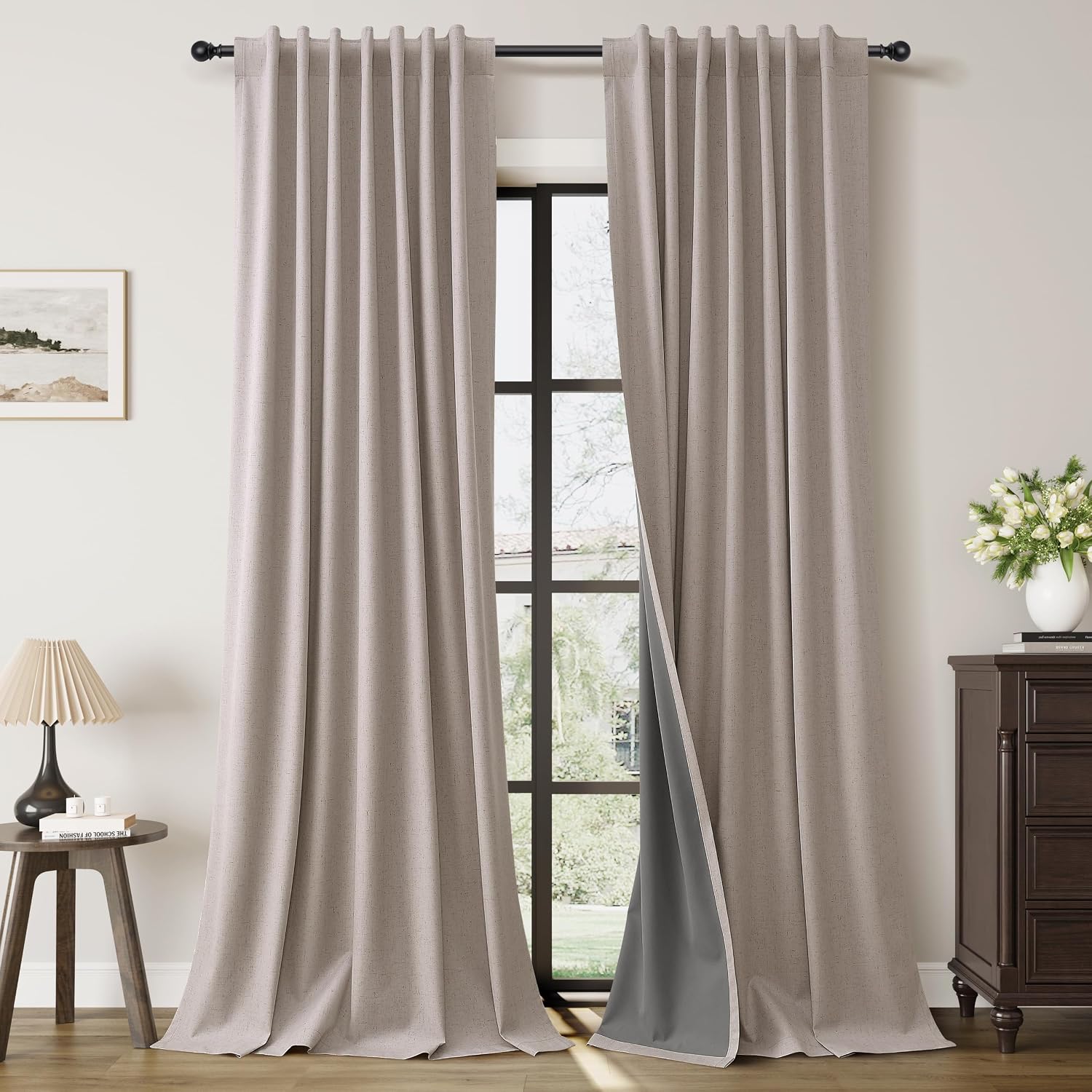 Guken Apricot Linen 100% Blackout Curtains for Bedroom 120 Inches Long 2 Panels Set Back Tab Elegant Textured Black Out Light Blocking Ther…