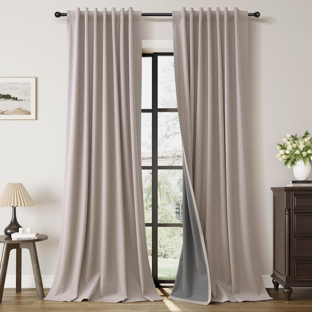 Guken Apricot Linen 100% Black Out Curtains for Living Room 108 Inches Long 2 Panels Set Back Tab Elegant Textured Room Darkening Insulated…