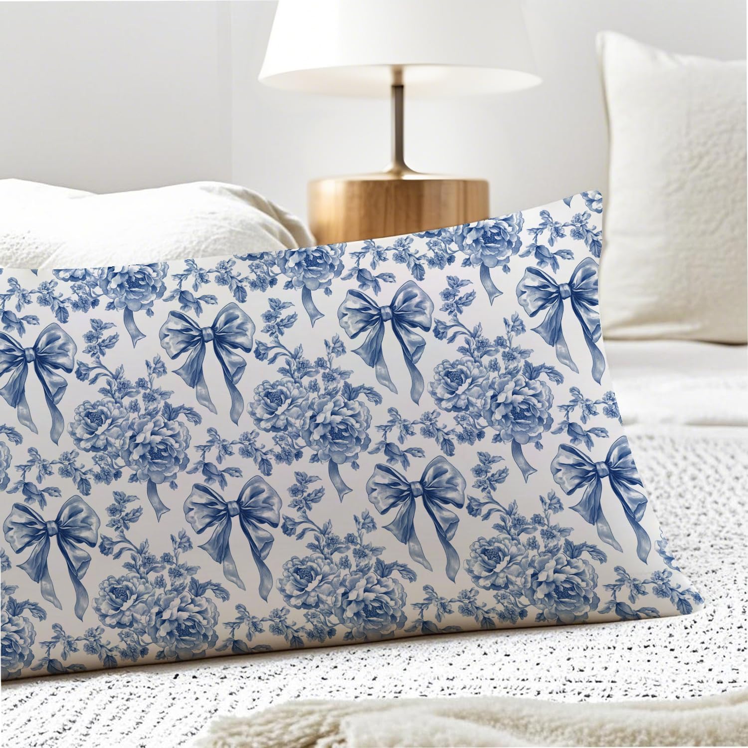Coquette Blue Bow Chinoiserie Floral Bow 20x54 Body Pillow Cover, Blue and White Home Decor, Grandmillennial Flower Decorative Long Body…
