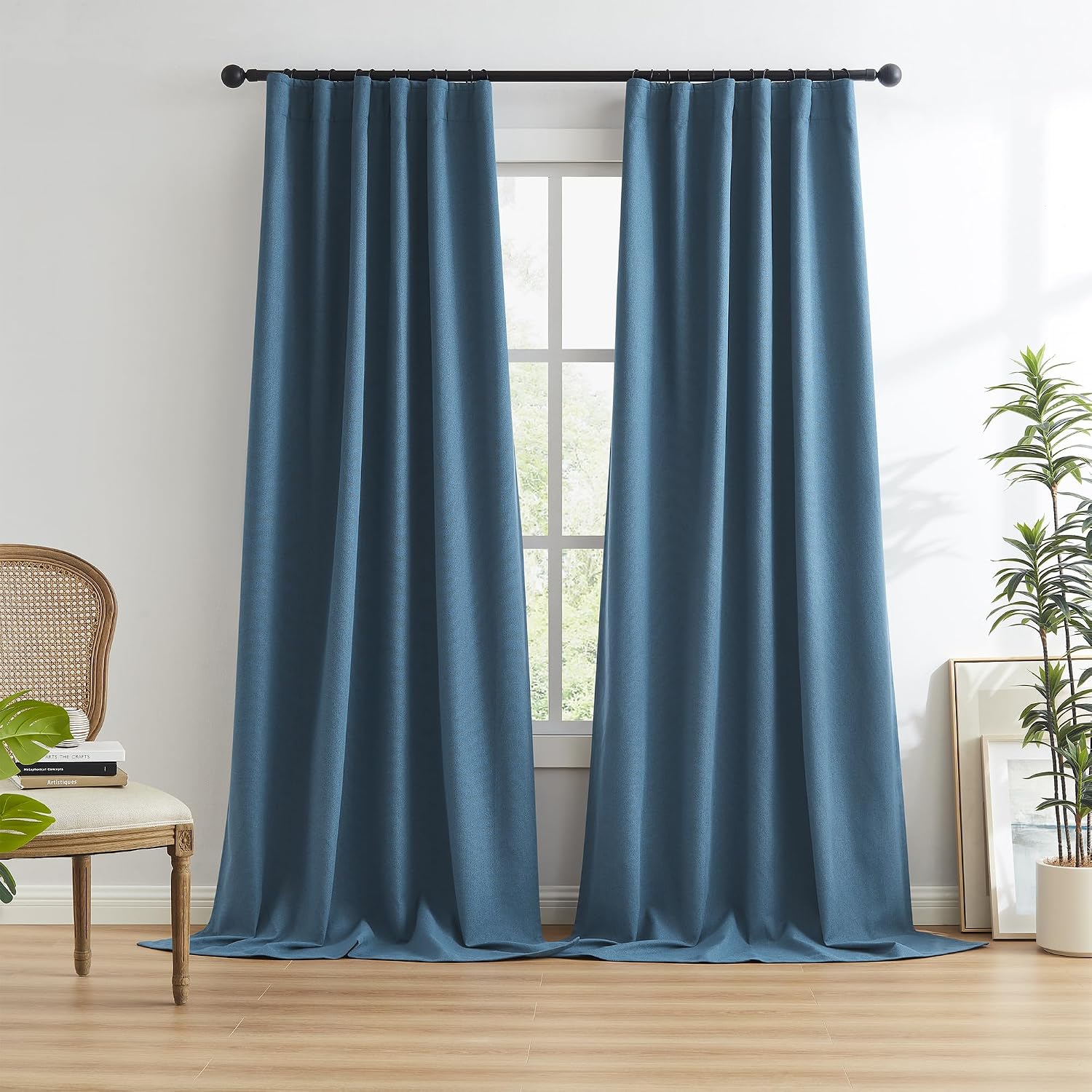 Keqiaosuocai Blue Denim Full Blackout Linen Curtains 63 Inch Long 2 Panels, Nautical Boho Farmhouse Decor Noise Reducing Heat Blocking Drap…