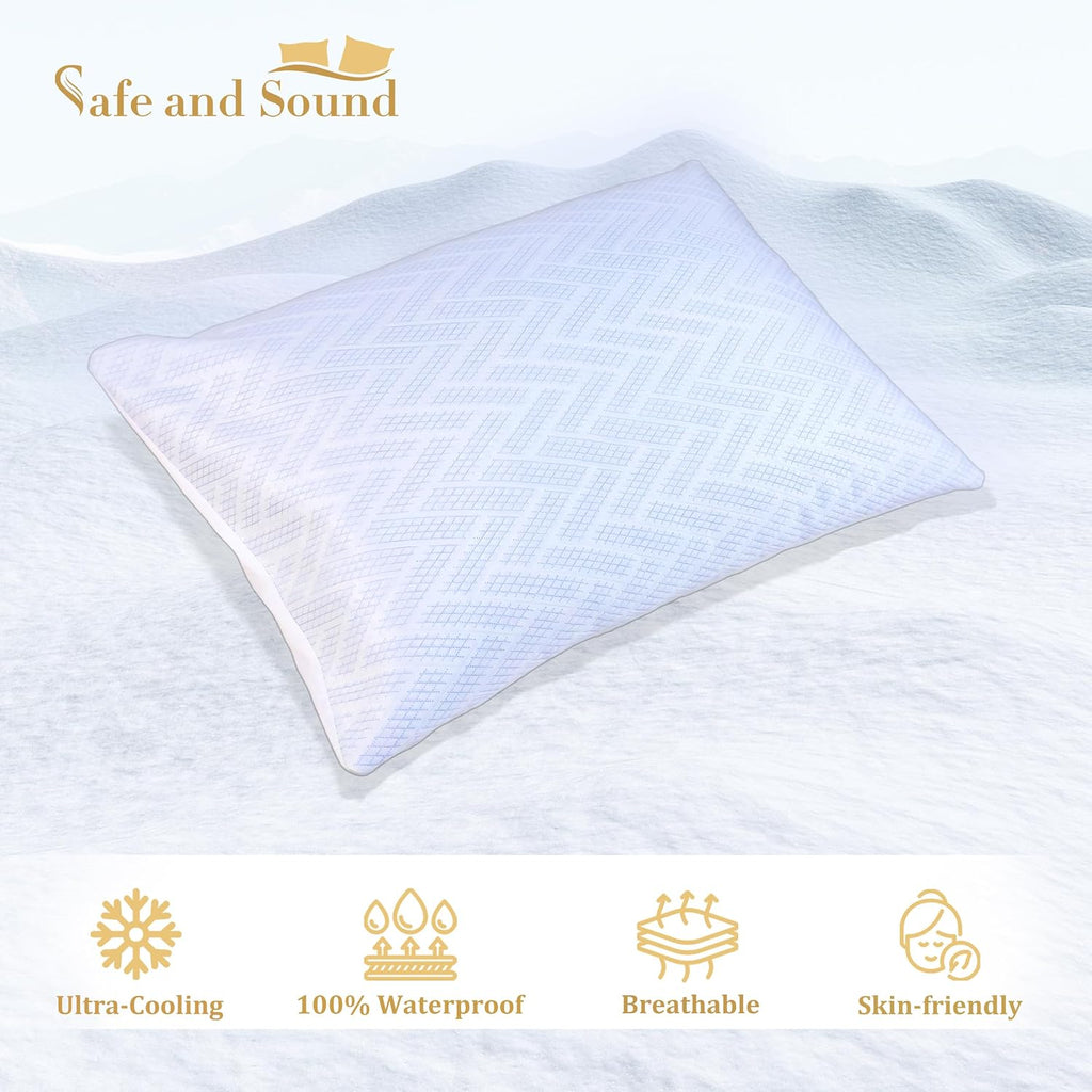 Safe and Sound Cooling Waterproof Pillow Protectors (20×30'') - Breathable Cool Zipped Pillow Cover - PE + Polyester for Summer, Oeko-TEX…