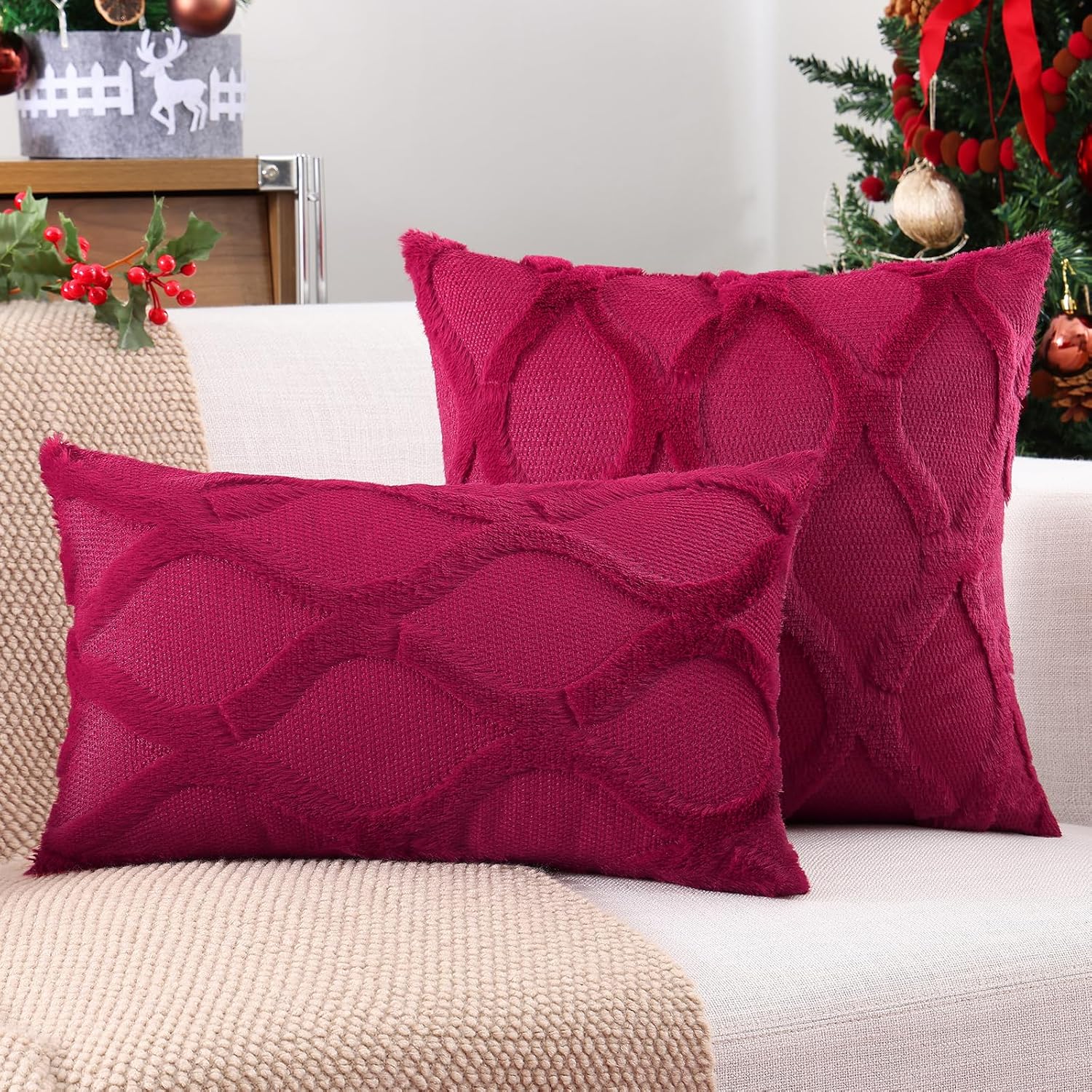 decorUhome Summer Euro Sham Throw Pillow Covers 26x26 Inch Set of 2, Soft Plush Faux Fur Wool Burgundy Accent Couch Pillow Covers for Moder…