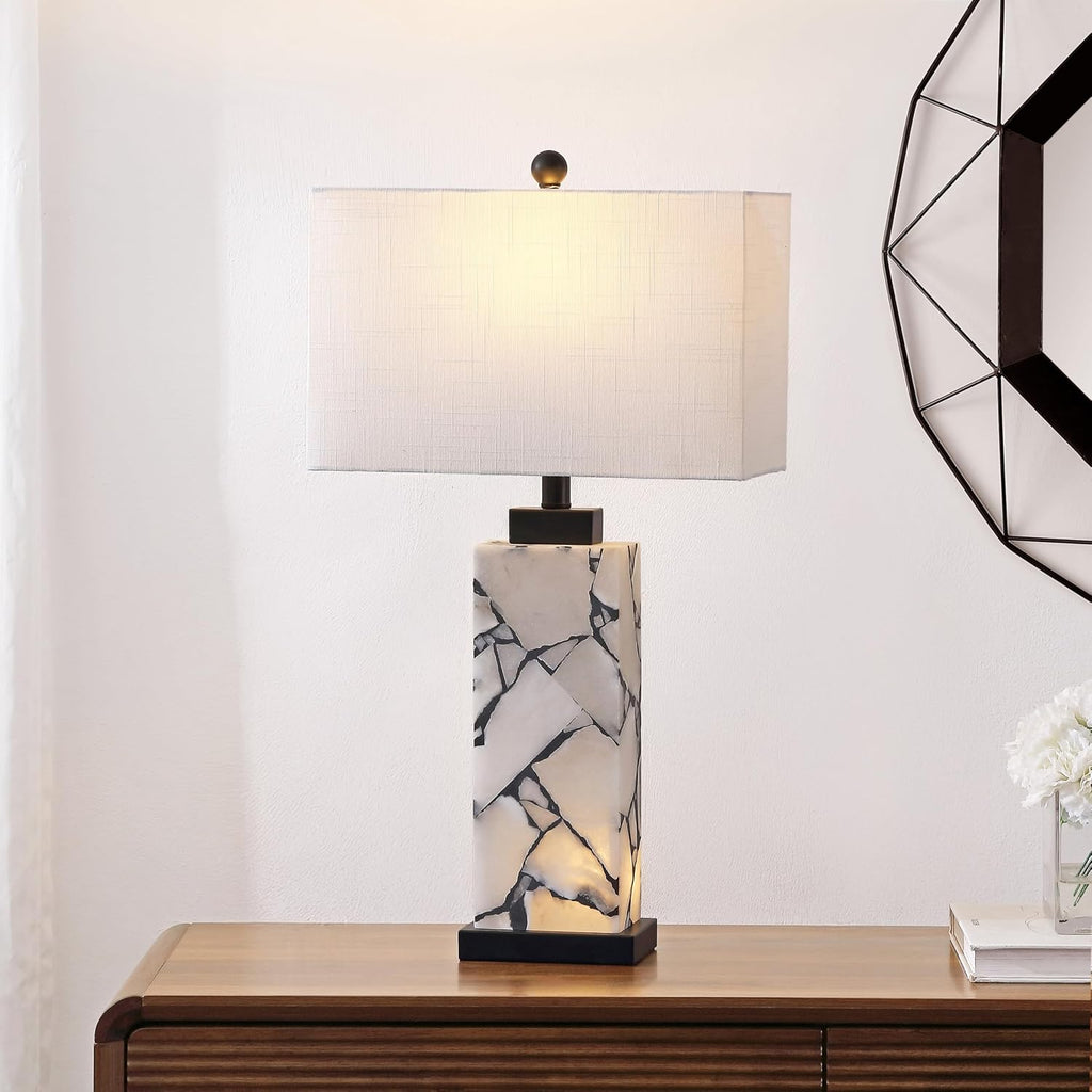 Jonathany JONATHAN Y 27.5" Black White Alabaster Rectangular Table Lamp with Night Light Contemporary Coastal Bedside Lamp for Bedroom with…