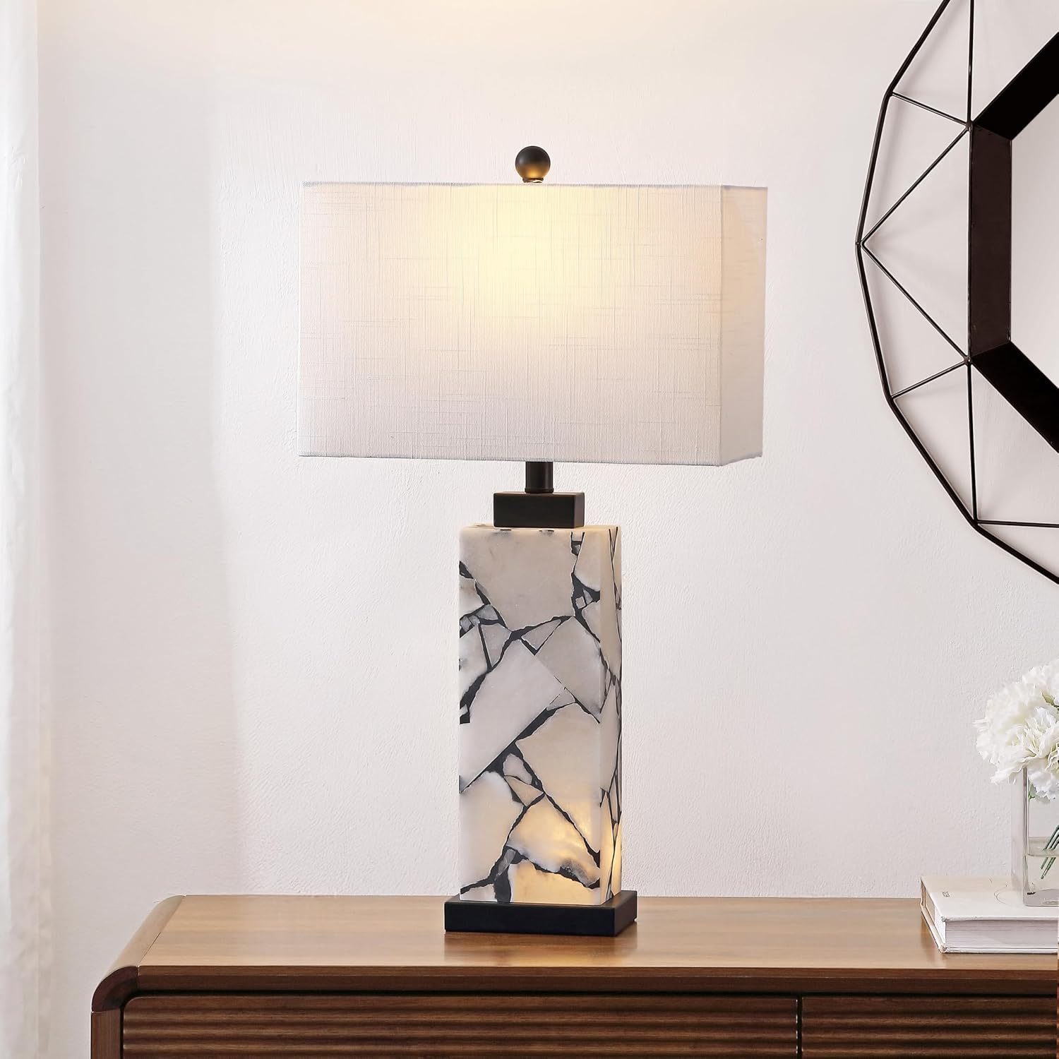Jonathany JONATHAN Y 27.5" Black White Alabaster Rectangular Table Lamp with Night Light Contemporary Coastal Bedside Lamp for Bedroom with…
