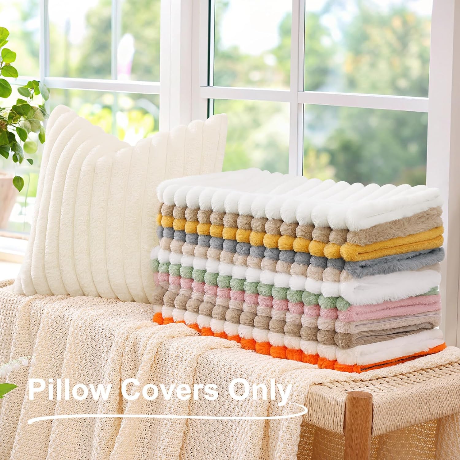 decorUhome Summer Cozy Faux Fur Throw Pillow Covers 20x20 Set of 2 Decorative Soft Plush Striped Modern Farmhouse Boho Couch Pillow Cases w…