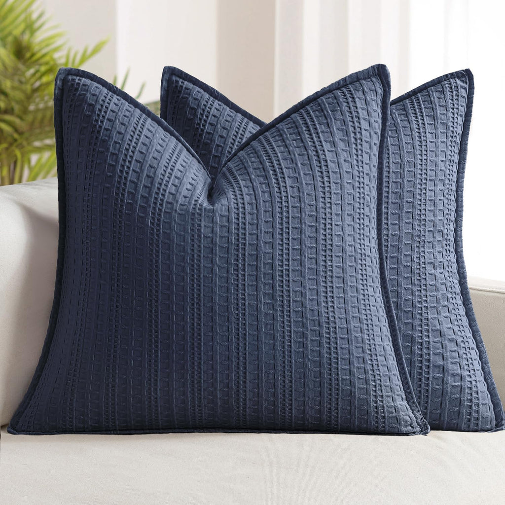 Set of 2 Decorative 100% Cotton Waffle Euro Sham Pillow Covers 24x24, Neutral Throw Pillows Weave European Cushion Cases for Couch Sofa…