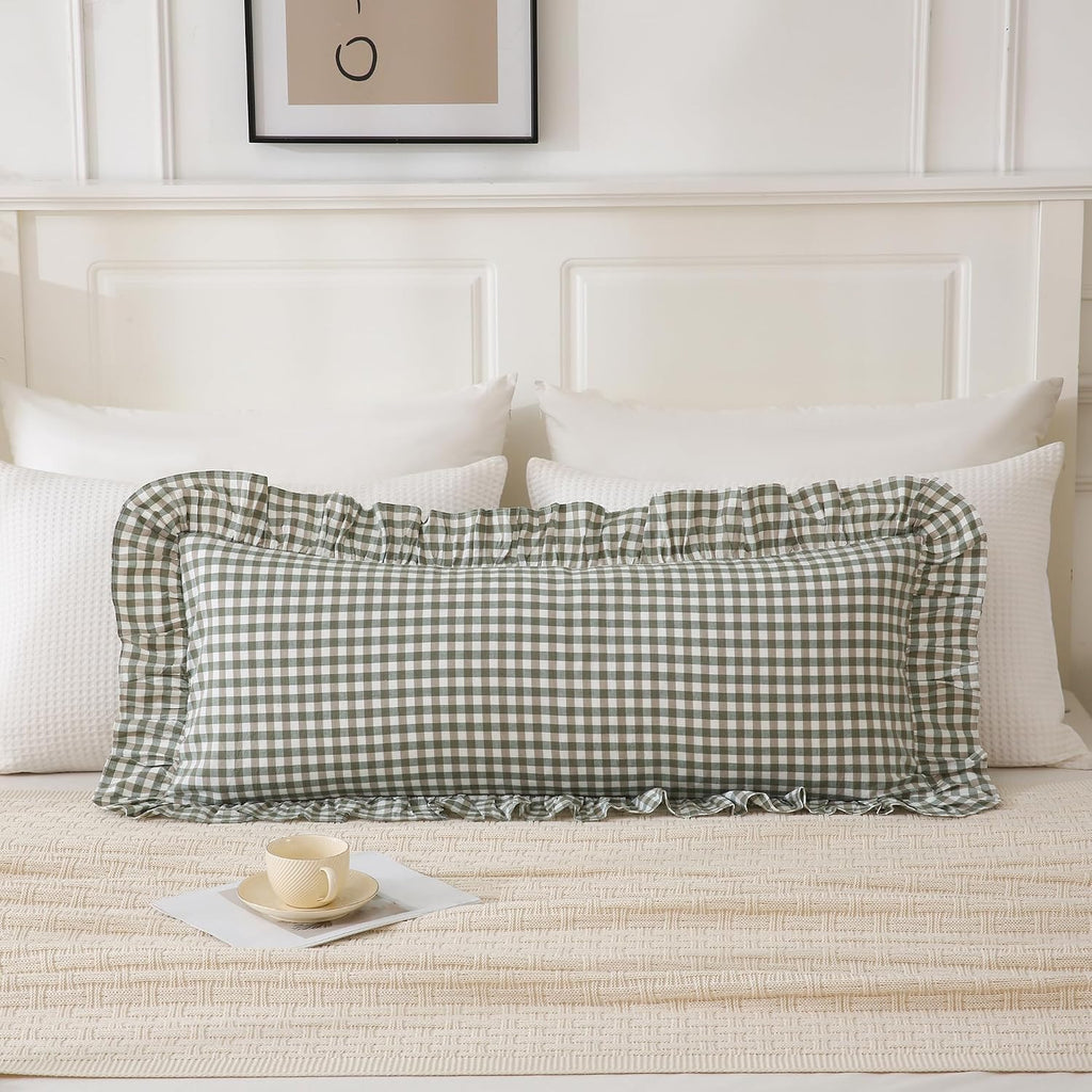 Qilunn 14x36 inches Sage Green Plaid Ruffle Lumbar Pillow Sham 1 Piece, Pure Cotton Gingham Decor Pillowcase French Country Vintage Cushion…
