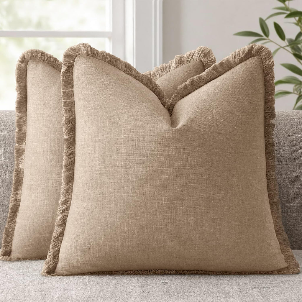 Anroduo Set of 2 Decorative Throw Pillow Covers 20×20 Inch Soft Linen Fringe Farmhouse Boho Vintage Cushion Covers with Tassels Accent Pill…