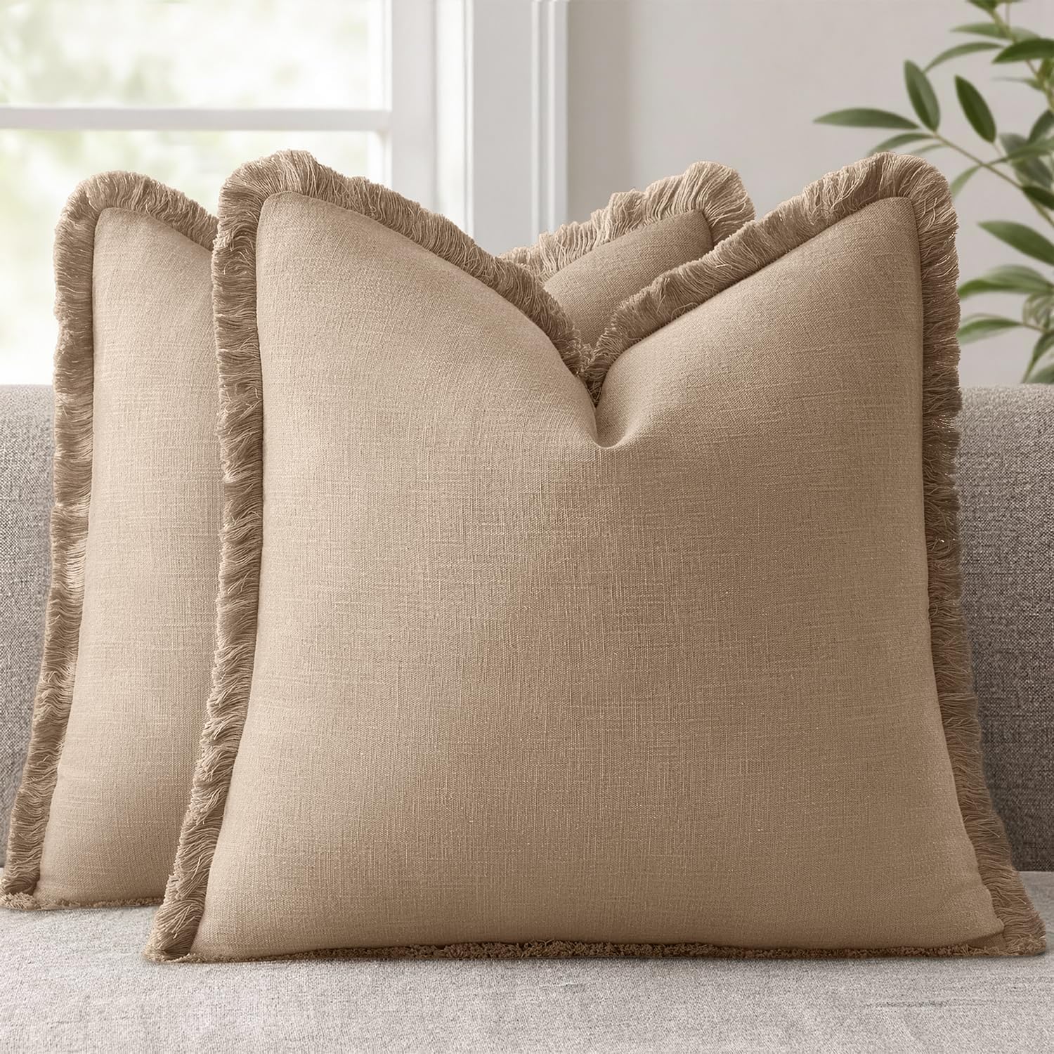 Anroduo Set of 2 Decorative Throw Pillow Covers 20×20 Inch Soft Linen Fringe Farmhouse Boho Vintage Cushion Covers with Tassels Accent Pill…