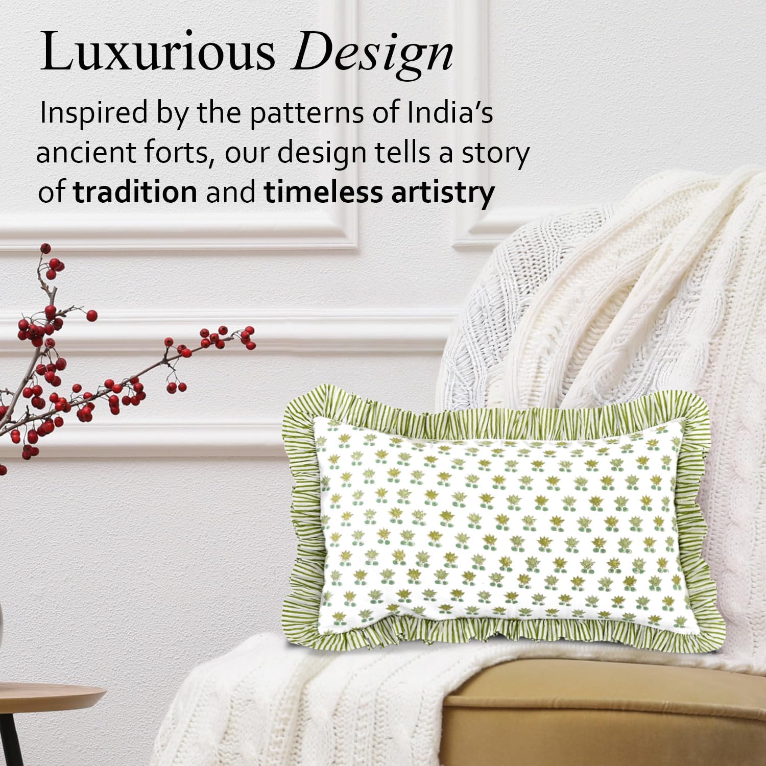 Cottonprintclub CPC Hand Block Print Lotus Meadow Ruffle Sham Pillow Cover 20" x 12" inch Hidden Zipper Decorative Pillowcase for Couch, Be…