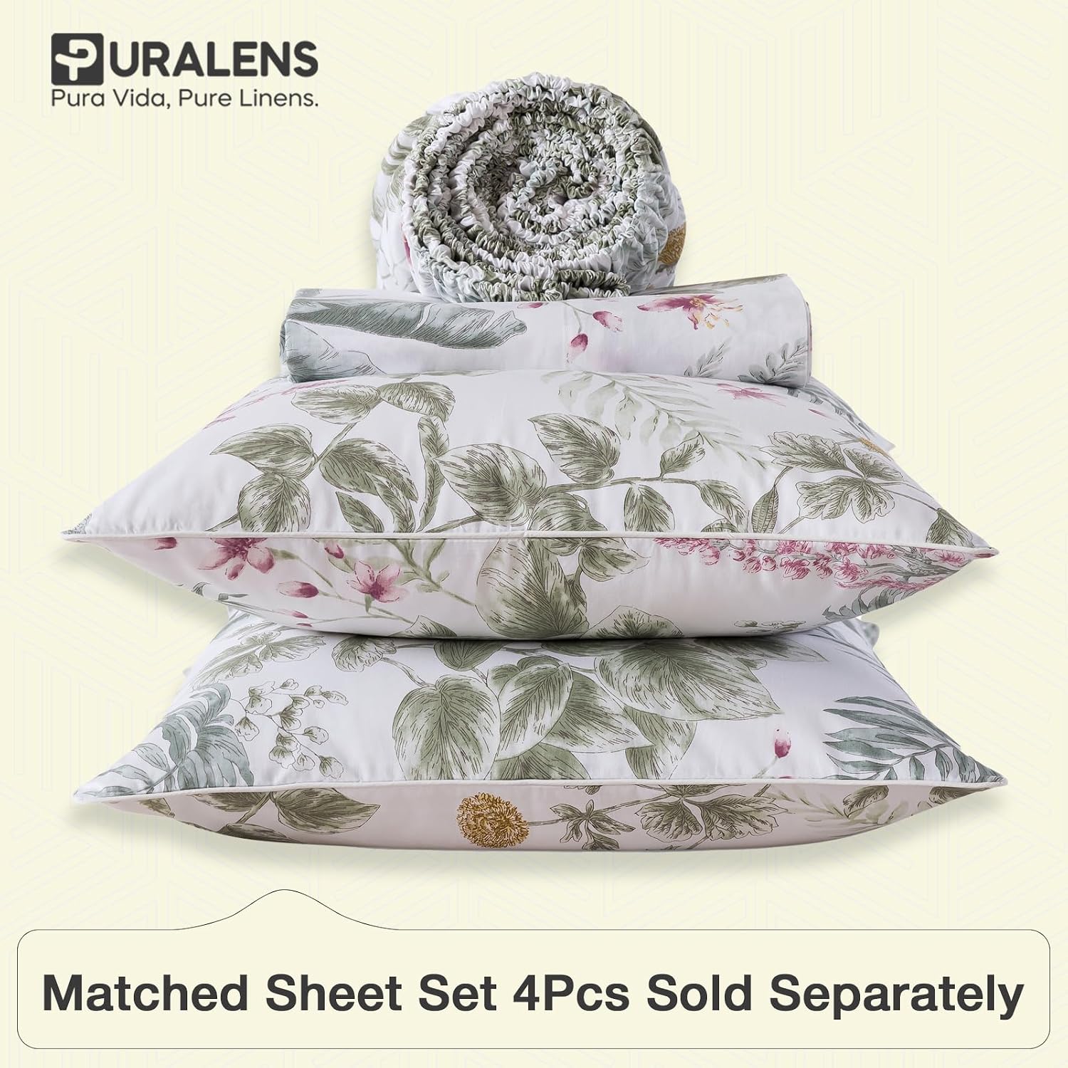Puralens Tropical Pink Floral Percale Duvet Cover, King Green Palm Leaf Reversible Zipper Duvet Cover Set, Daisy Patterned 100% Cotton Soft…