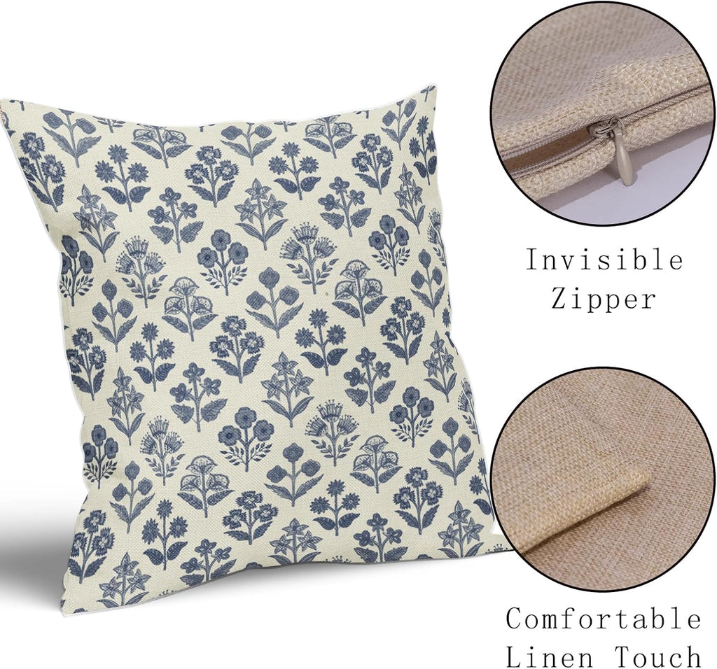 Dark Blue Floral Block Print Pillow Covers 16x16 Inch Set of 2, Vintage Flower Pattern Decorative Throw Pillowcases Outdoor Farmhouse…