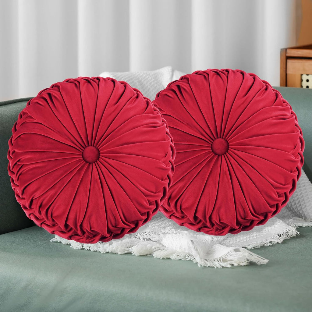 HIG Set of 2 Red Ruched Velvet Round Throw Pillows – 14.5’’ Decorative Pillows with Soft Polyester Filling for Couch, Bed, Living Room…