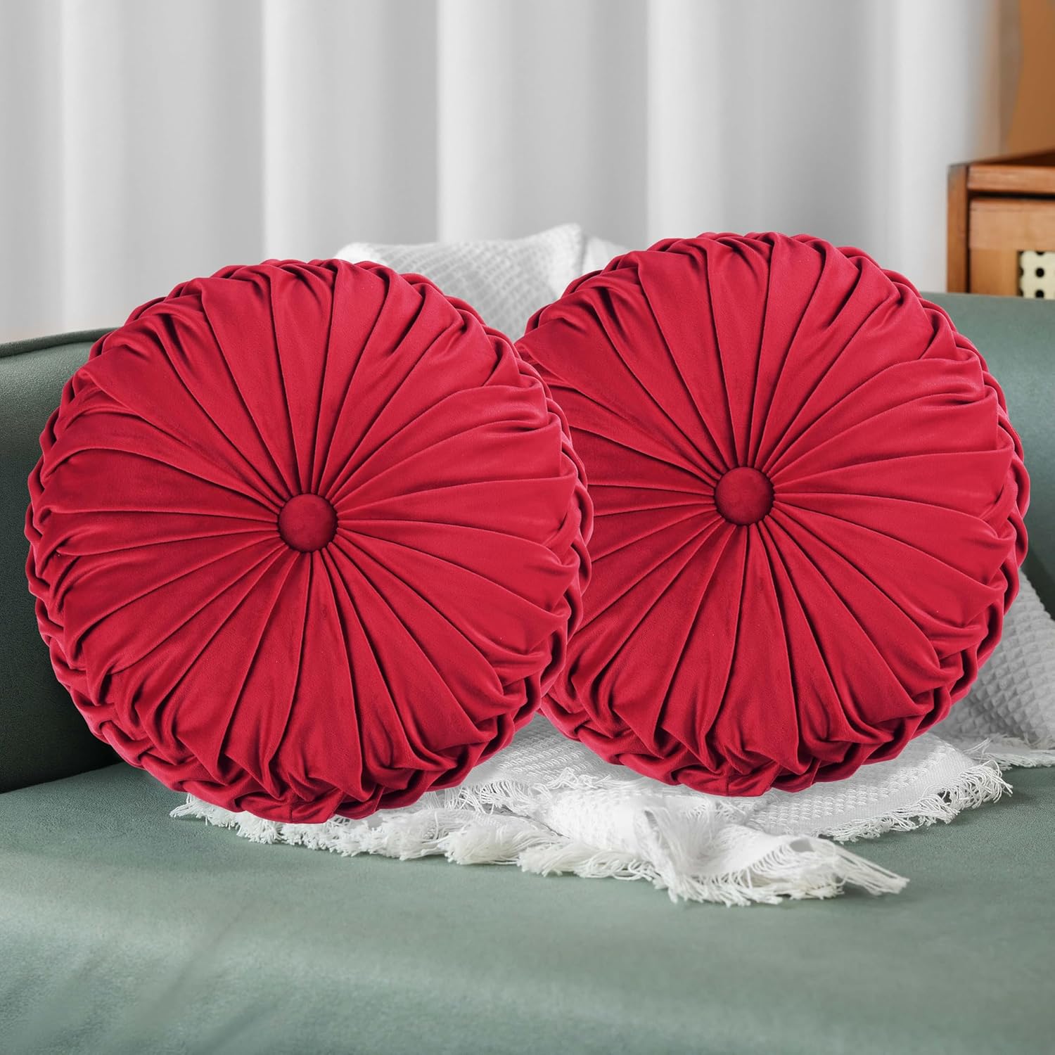 HIG Set of 2 Red Ruched Velvet Round Throw Pillows – 14.5’’ Decorative Pillows with Soft Polyester Filling for Couch, Bed, Living Room…