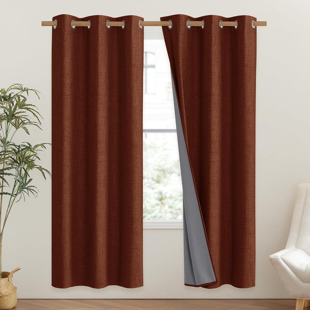 NICETOWN 100% Absolutely Blackout Linen Curtains with Thermal Insulated Liner, 42" Wide, 2 Panels, 72" Long Drapes, Grommet Retro Burnt…