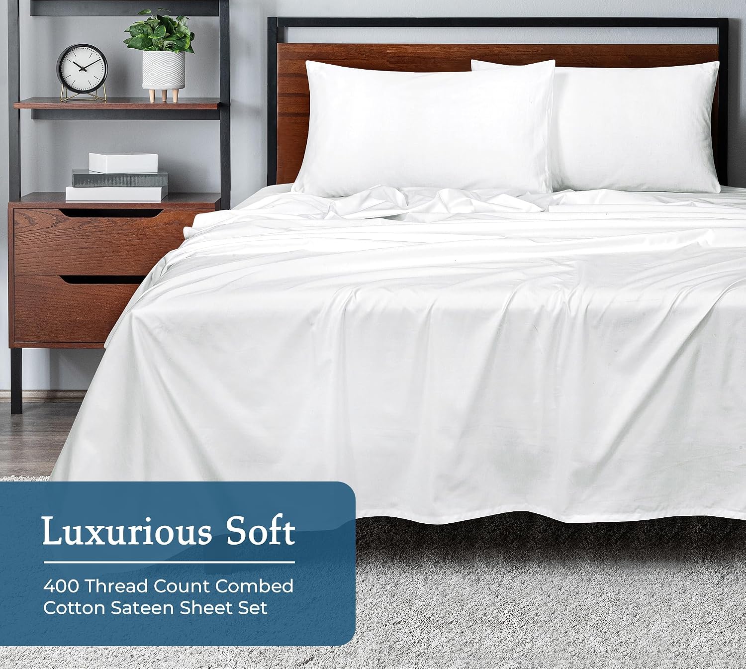 Royalelinens ROYALE LINENS 400 Thread Count 100% American Grown Cotton 4 Piece Sateen King Sheet Set - 1 Fitted Sheet, 1 Flat Sheet, 2 Pill…