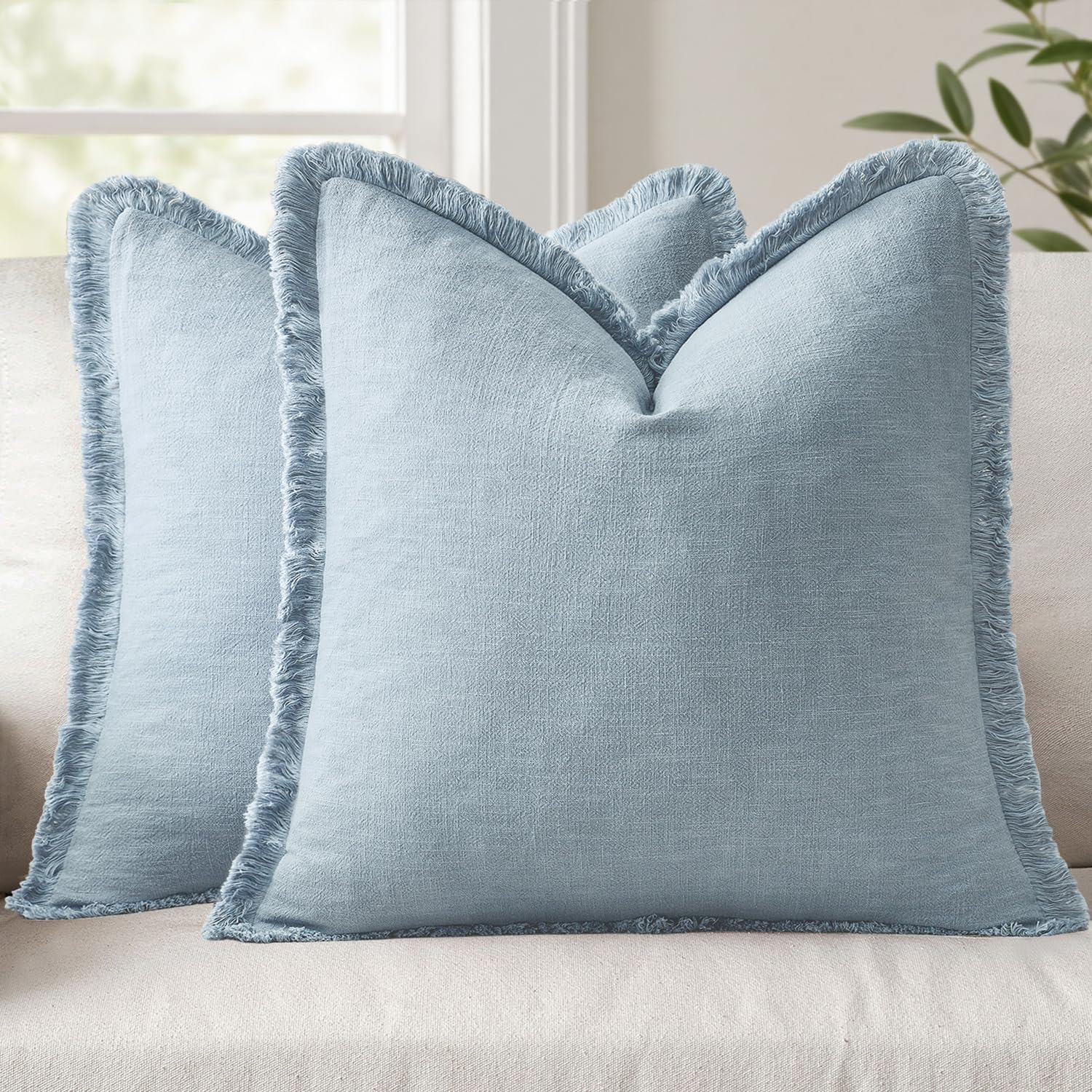 Anroduo Set of 2 Decorative Throw Pillow Covers 24×24 Inch Soft Linen Fringe Farmhouse Boho Vintage Cushion Covers with Tassels Accent Pill…