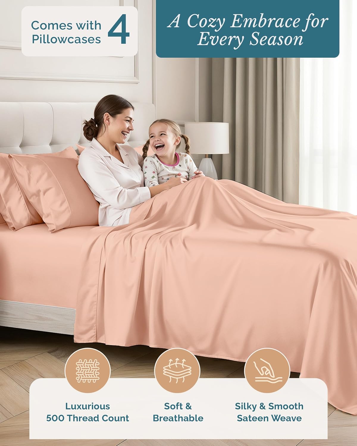 Casa Platino Cotton Queen Sheets Set, 6 Piece Sheets with 500 Thread Count 100% Cotton Sheet Set, Sateen Finish for a Smooth Feel, 15…