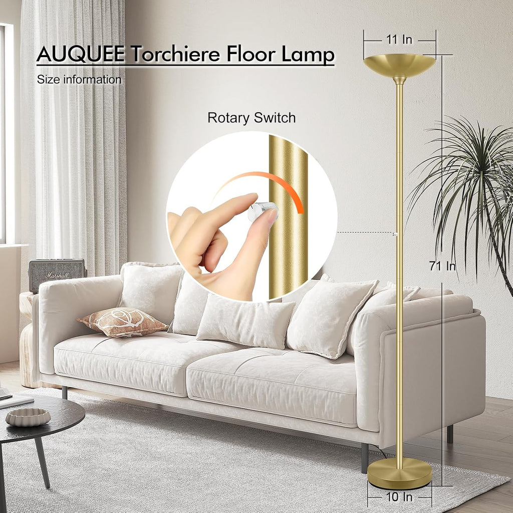 30W Torchiere Floor Lamp Gold, 3600LM Bright Stepless Dimmable Floor Lamp, 71 Inch LED Standing Lamp 3000K, Rotary Switch, I Inch Thick…