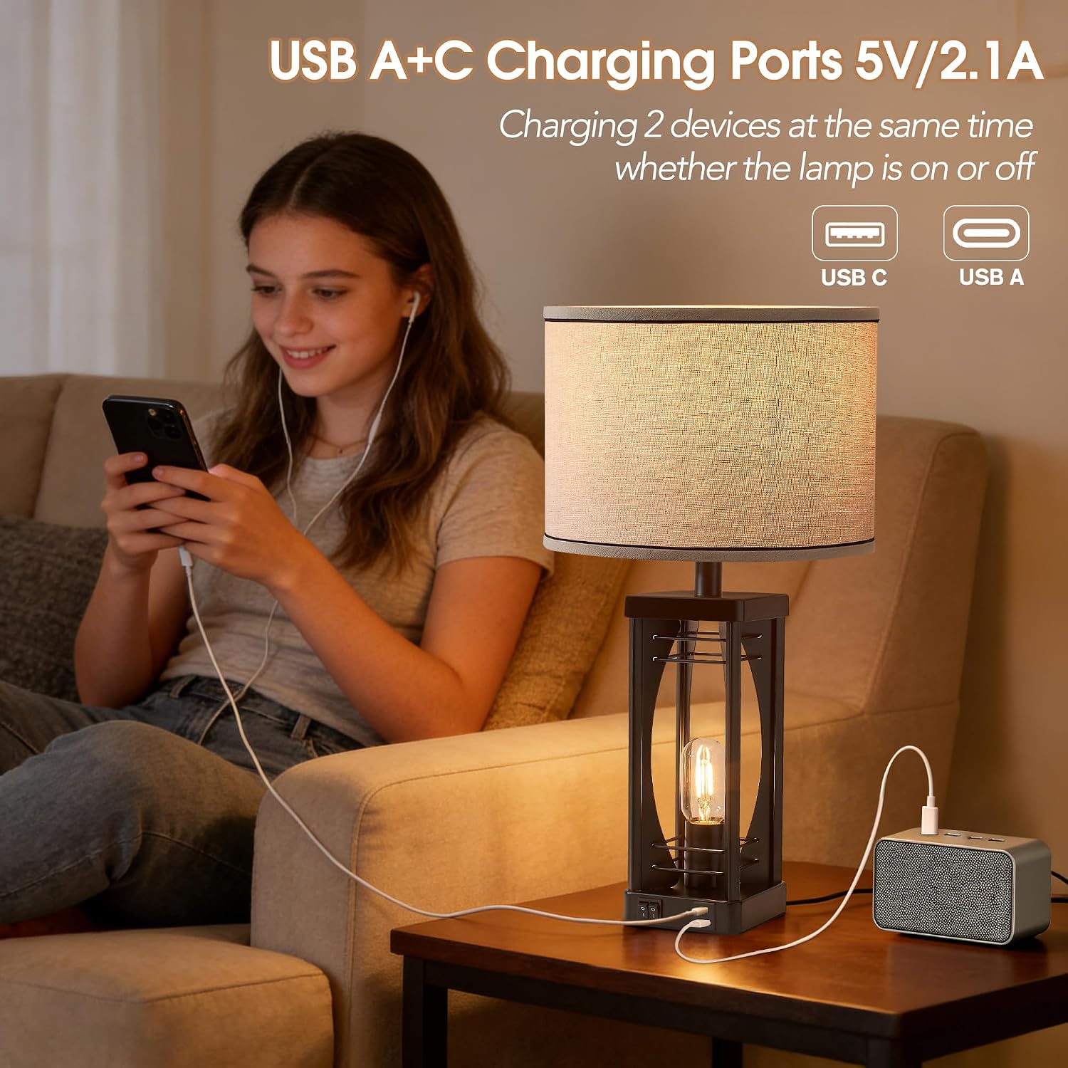 SRJJA Farmhouse Table Lamps Set of 2 for Living Room, Rustic Nightstand Lamps with USB A+C Charging Ports, 22.5" Dual Light Industrial…
