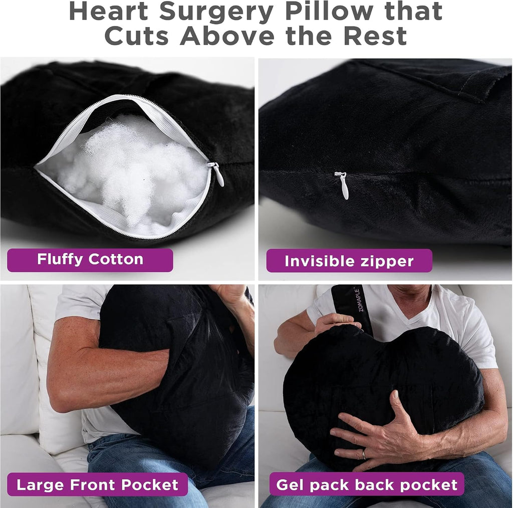 Zomaple Open Heart Surgery Pillow + Gel Pack, Black – Eases Chest Pressure for Calmer Rides & Rest – Hot/Cold Comfort, Torso Support…