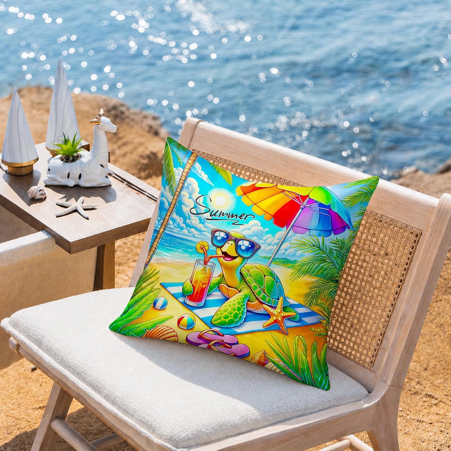 BlissYard Summer Beach Throw Pillow Covers Set of 18x18 Decorative Pillow Covers Cute Sea Turtle Ocean Theme Cushion Covers for Couch…