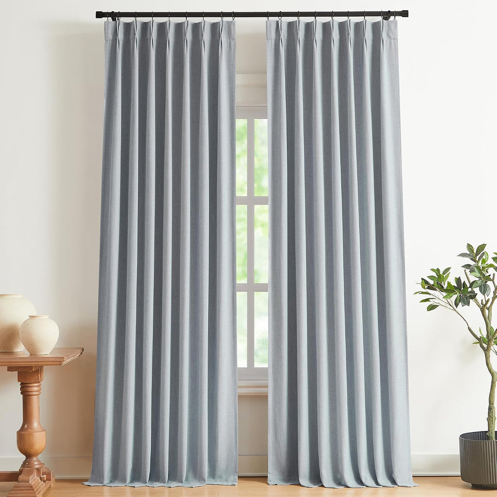 VisionHome Vision Home Blue Gray Pinch Pleated Full Blackout Curtains Linen Blended Room Darkening Window Curtains 90 inch for Living Room…
