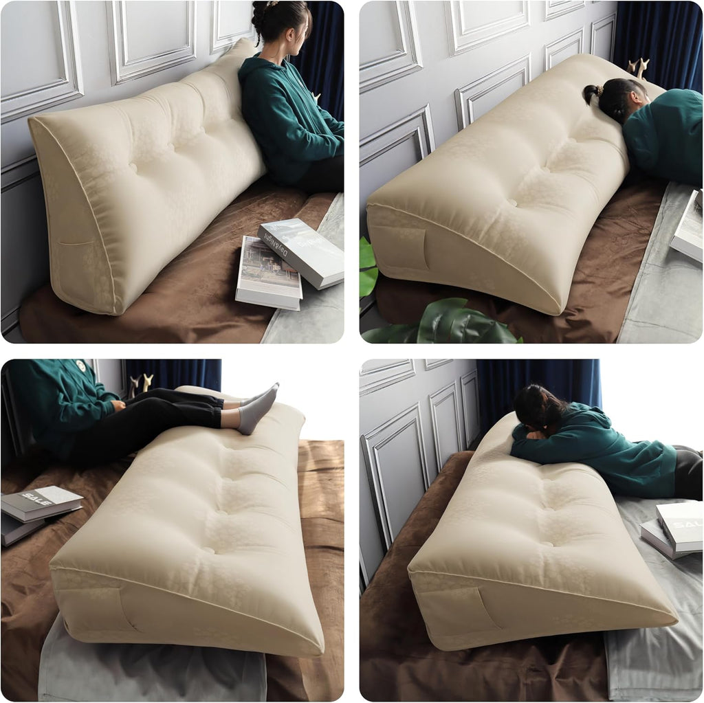 WOWMAX Wedge Pillow Headboard Dorm Headboard Twin XL Bed Cream Bolster Pillow for Bed, Jacquard Satin Fabric 100% Pure Cotton, Light Beige