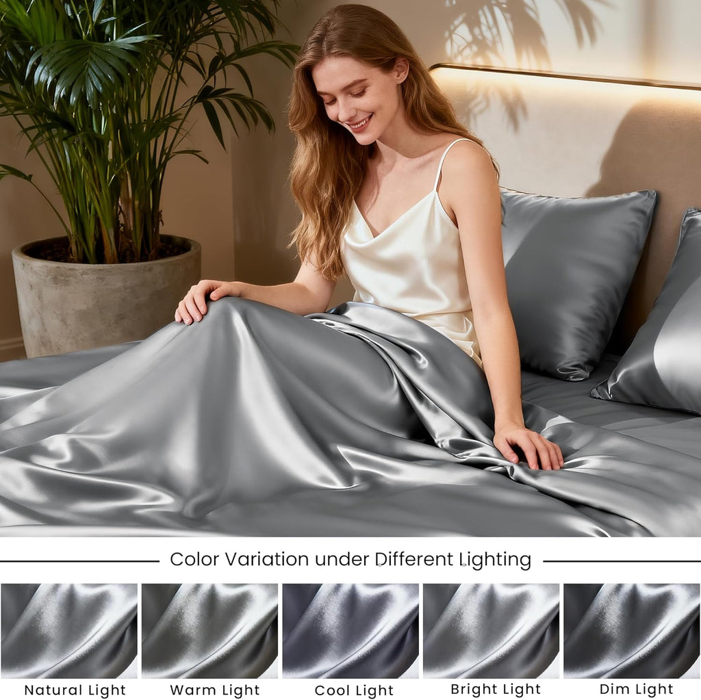 Lovescabin Love's cabin California King Satin Sheet Sets - 4 Piece Dark Grey Silky Sheets Bed Set with Deep Pocket, Luxury Silk Feel Satin…