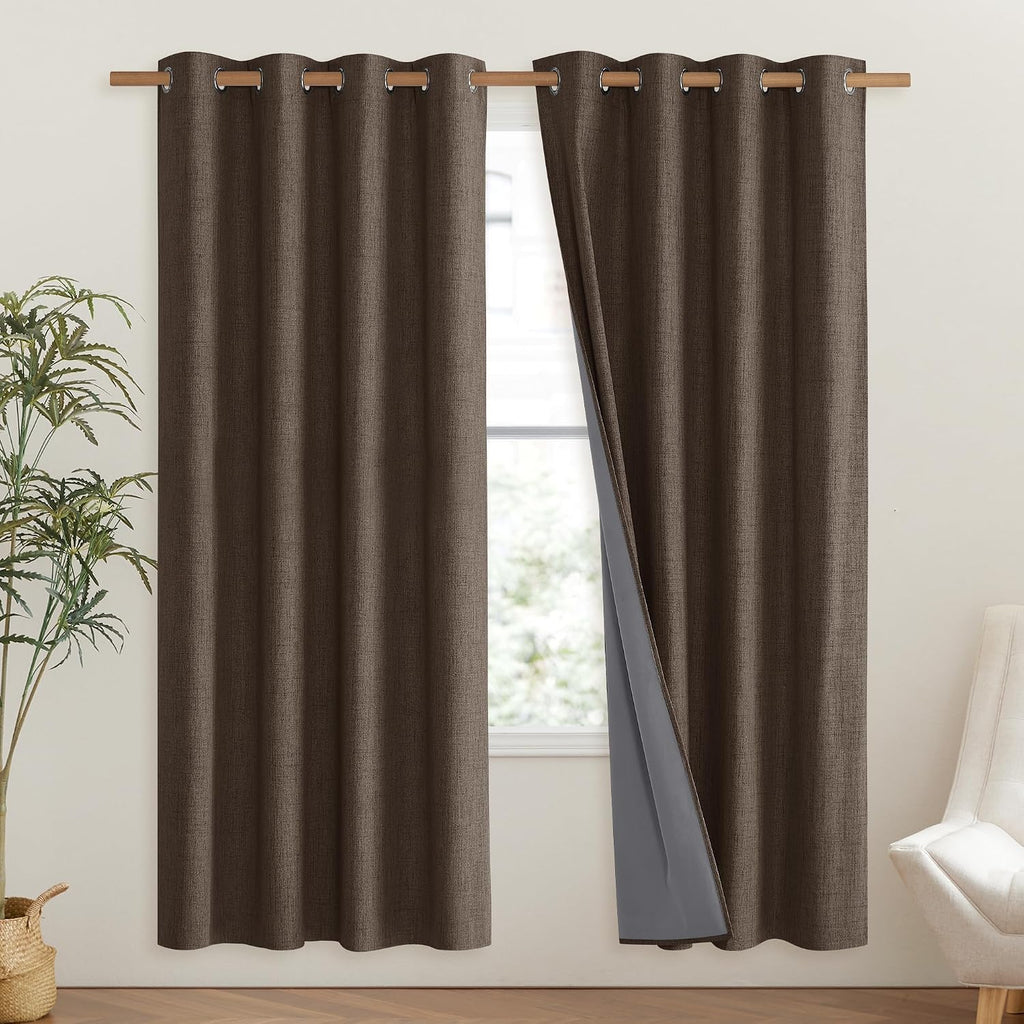 NICETOWN Coffee Vintage Linen 100% Blackout Curtains for Living Room, Thermal Insulated Curtains 72" Long, Noise Reducing Window…
