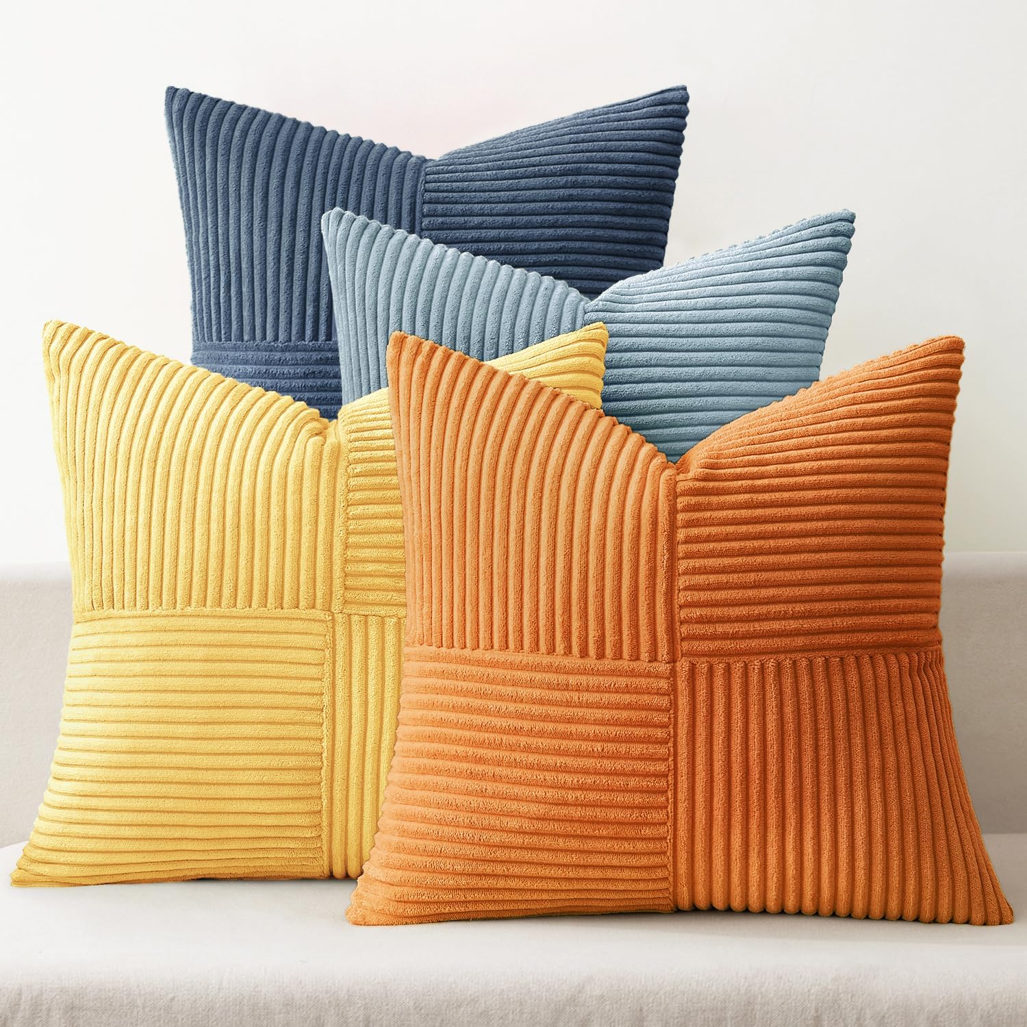 Miulee Summer Yellow Blue Decorative Throw Pillow Covers 18x18 Inch Set of 4 Soft Corduroy Boho Patchwork Pillow Covers Modern Farmhouse Br…