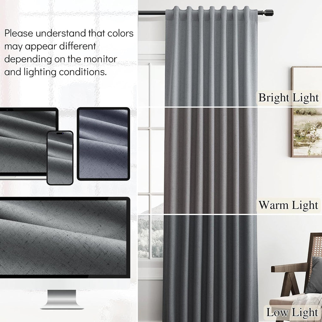 Guken Grey Linen 100% Blackout Curtains for Bedroom 96 Inches Long 2 Panels Set Back Tab Textured Modern Black Out Light Blocking Privacy C…
