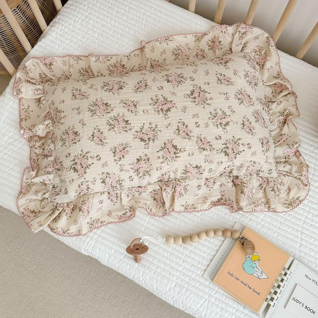 BuLuTu Muslin Cotton Toddler Pillowcases 14"x20", Shabby Chic Pink Floral Kids Pillow Cases Fit Toddler Pillow Sized 13"x18" Soft…