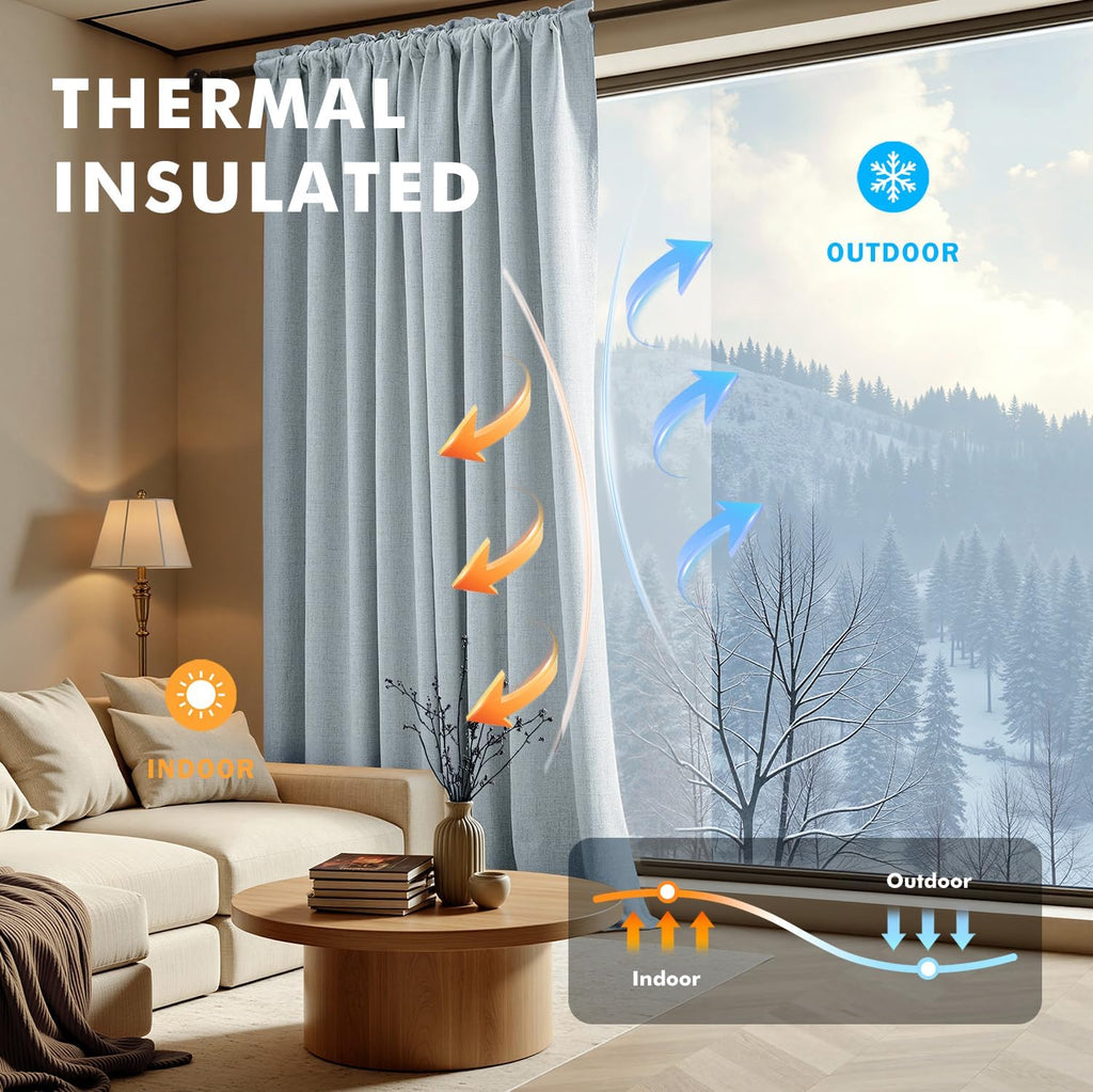 Miulee 100% Blackout Linen Curtains for Bedroom, Chambray Blue Solid Luxury Decor Thermal Insulation Room Darkening Drapes for Living Room…