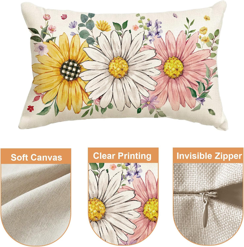 Baccessor Spring Summer Floral Pillow Cover 12x20 Inch, Sunflower Daisy Flowers Lumbar Pillow Case Home Spring Holiday Bed Cushion Sofa Cou…