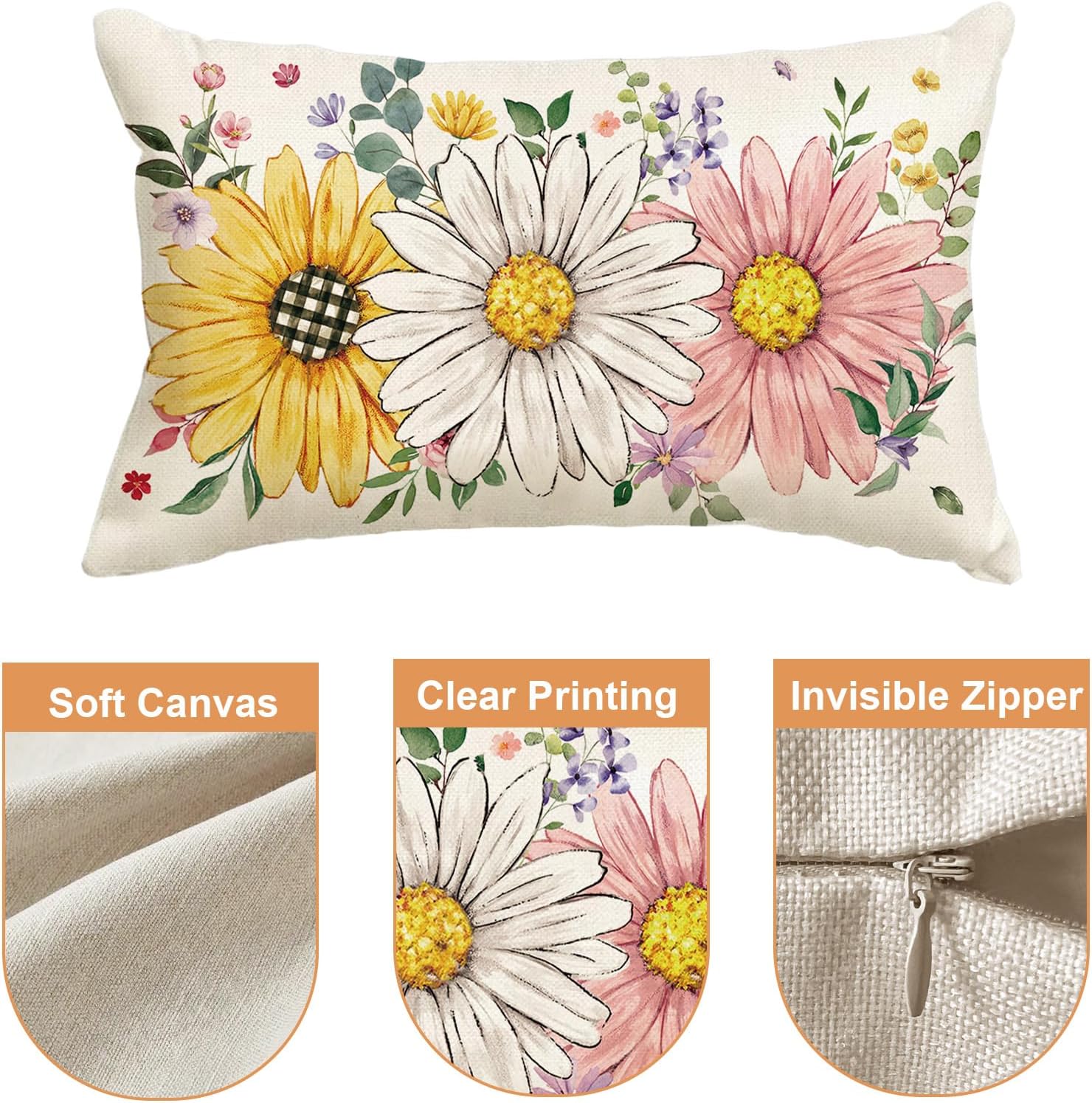 Baccessor Spring Summer Floral Pillow Cover 12x20 Inch, Sunflower Daisy Flowers Lumbar Pillow Case Home Spring Holiday Bed Cushion Sofa Cou…