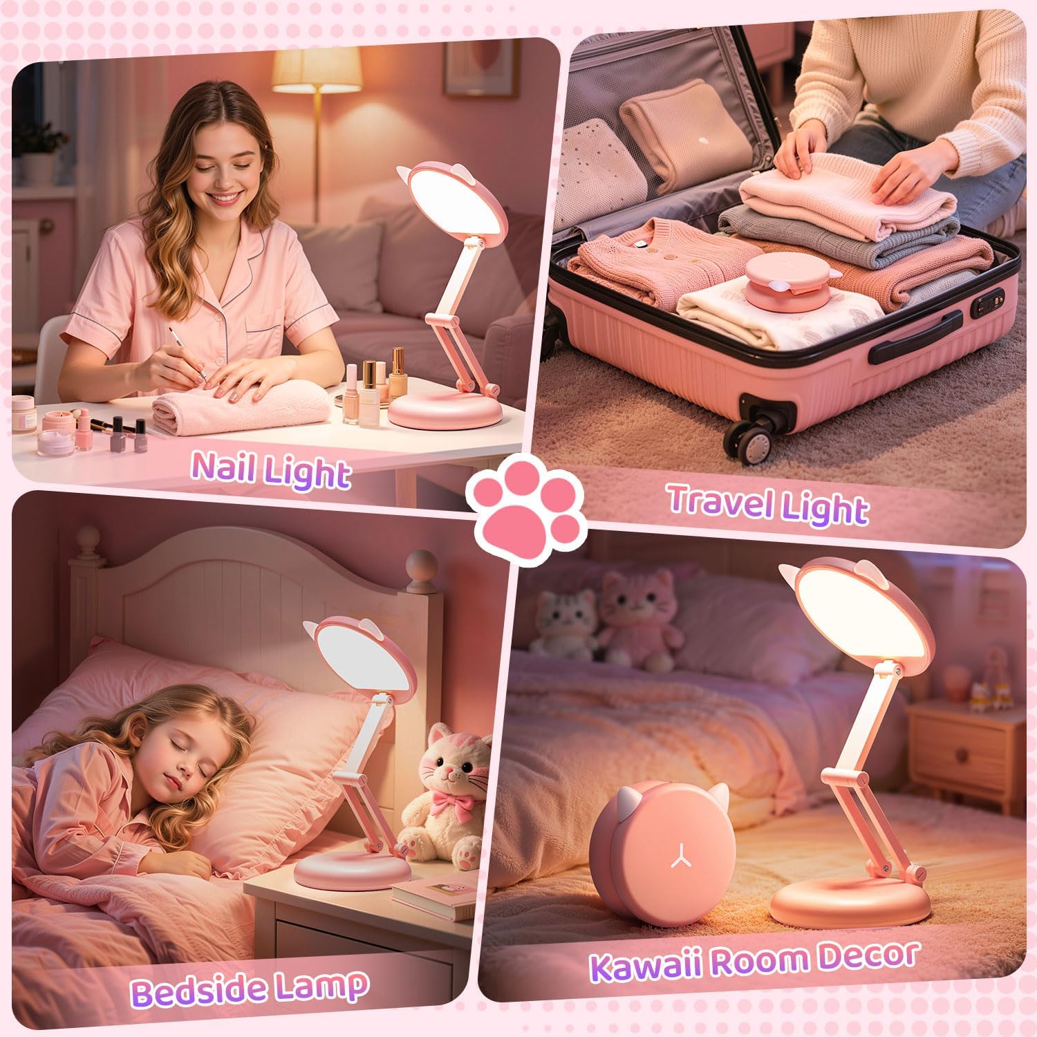 One Fire Cute Desk Lamp Pink Dorm Lamps for College Girls Foldable Portable Rechargeable Dimmable Cute Cat Lamp Kawaii Room Decor, College…