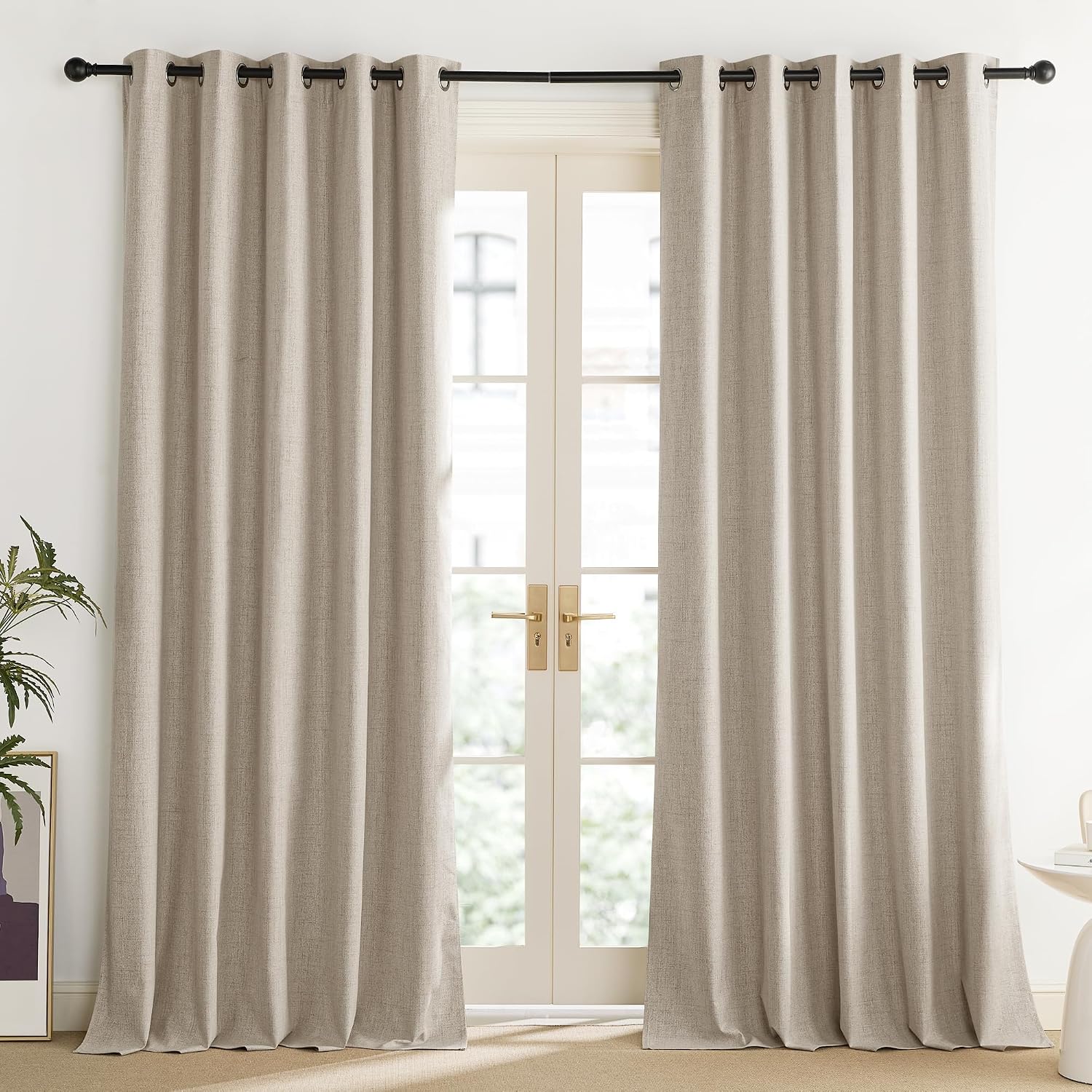 NICETOWN Oatmeal Vintage Open Linen Weave Flax Thermal Curtains, 100% Blackout Curtains 120" Long for Dining Room, Soundproof Window…