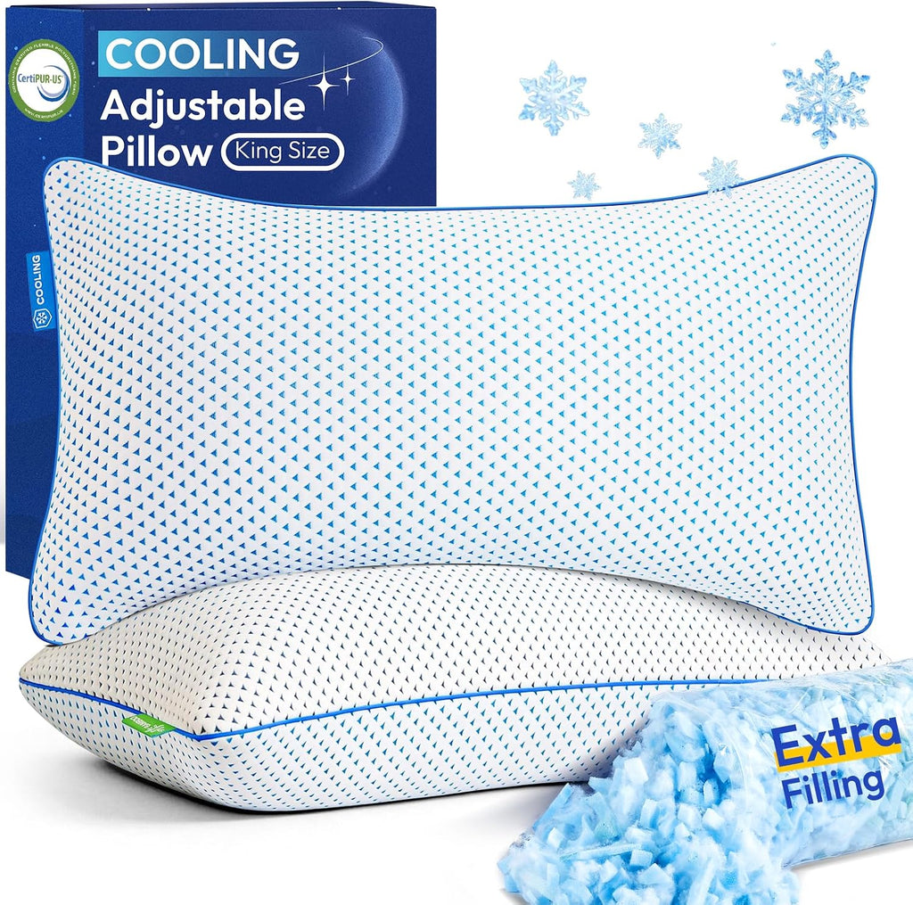 Fulocean Cooling Pillows King Size Set of 2 for Sleeping, Adjustable Shredded Gel Memory Foam Cool Pillows 2 Pack for Side, Back, Hot Sleep…